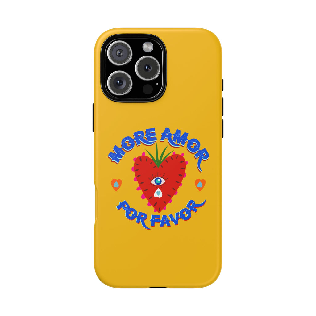 Phone Case — "More Amor Por Favor" Heart Design, Bright Yellow Protective Cover