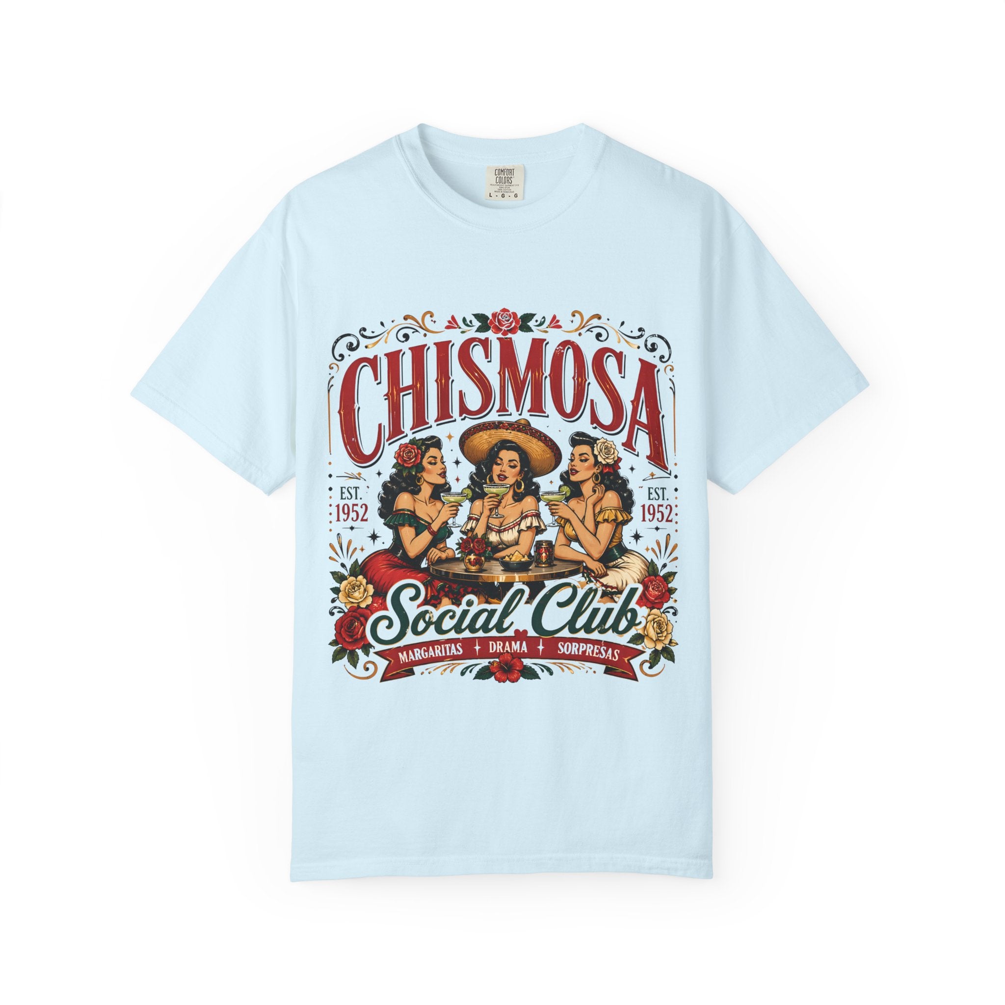 Chismosa Social Club blossom tee - retro pinup garment-dyed chicana gossip gift shirt