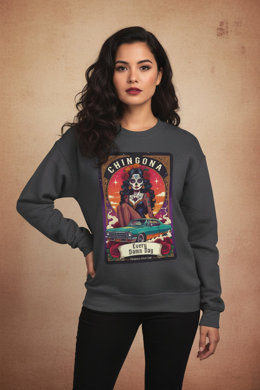 Sweatshirt — "Chingona" Sugar Skull Car Art Crewneck, Dia de los Muertos Retro Graphic