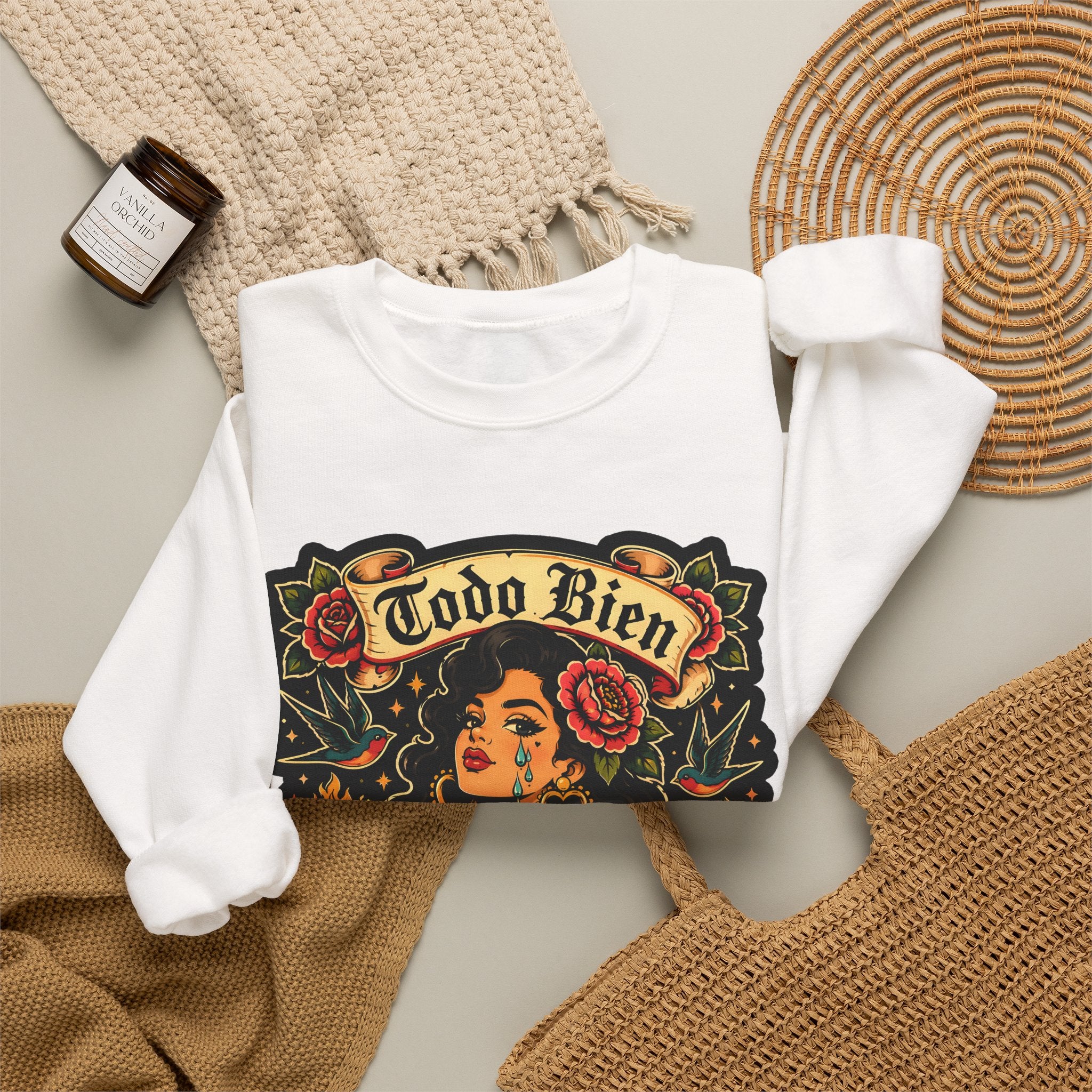 Crewneck Sweatshirt — 'Todo Bien Ya Flore' Floral Chicana Art