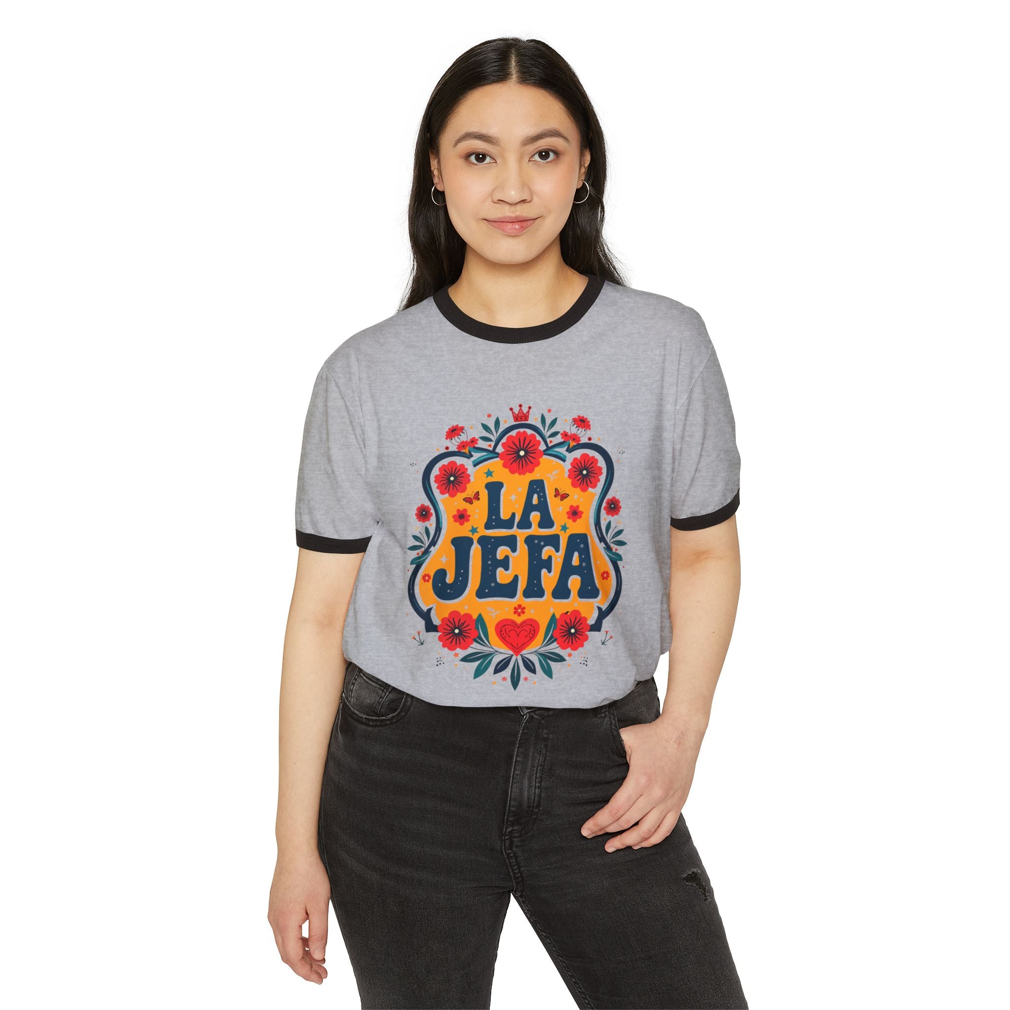 La Jefa Floral Ringer T-Shirt — Retro Hispanic Pride Tee