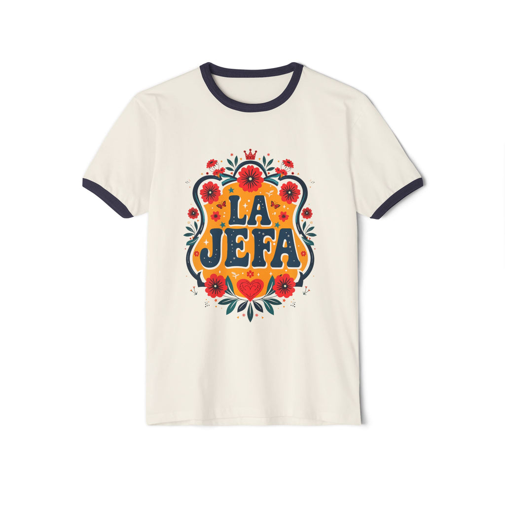La Jefa Floral Ringer T-Shirt — Retro Hispanic Pride Tee