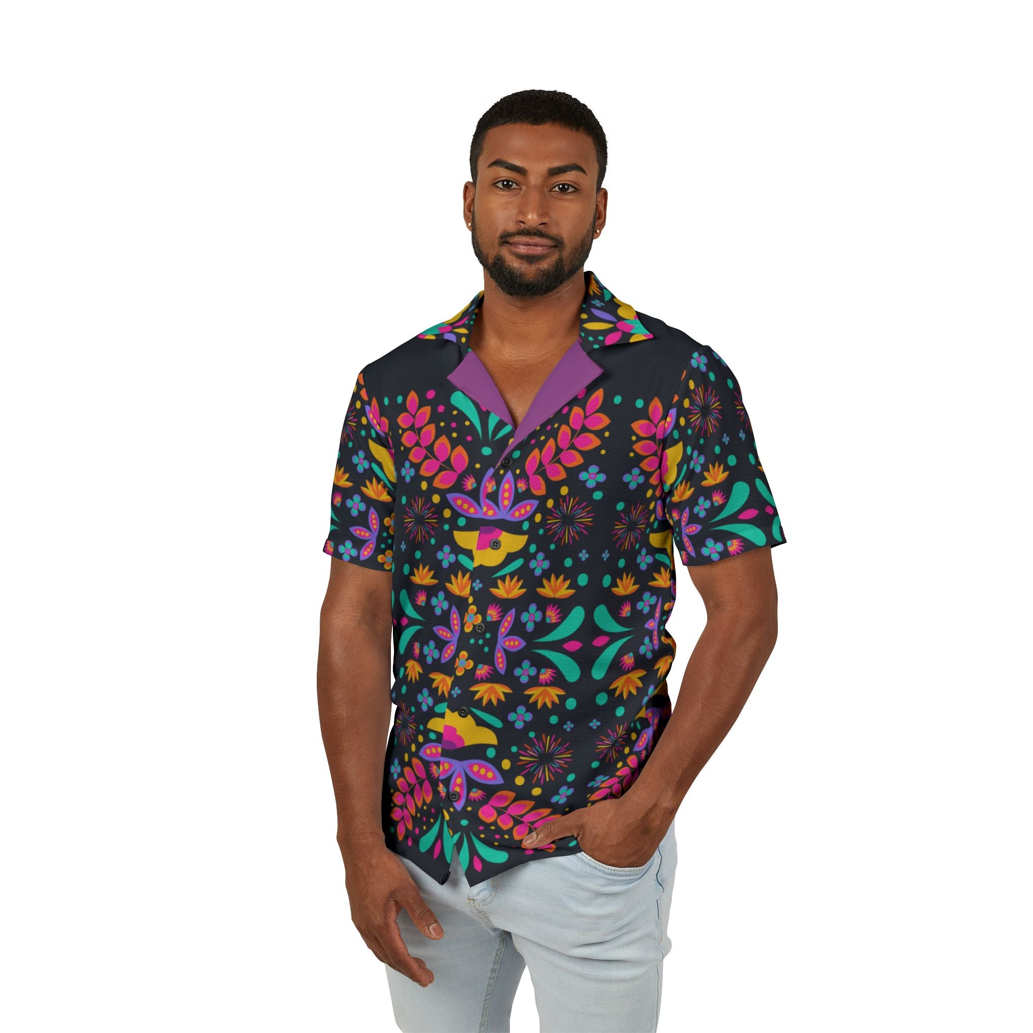 Men's Floral Tropical Hawaiian Camp Shirt - Bright Neon Flower & Bird AOP