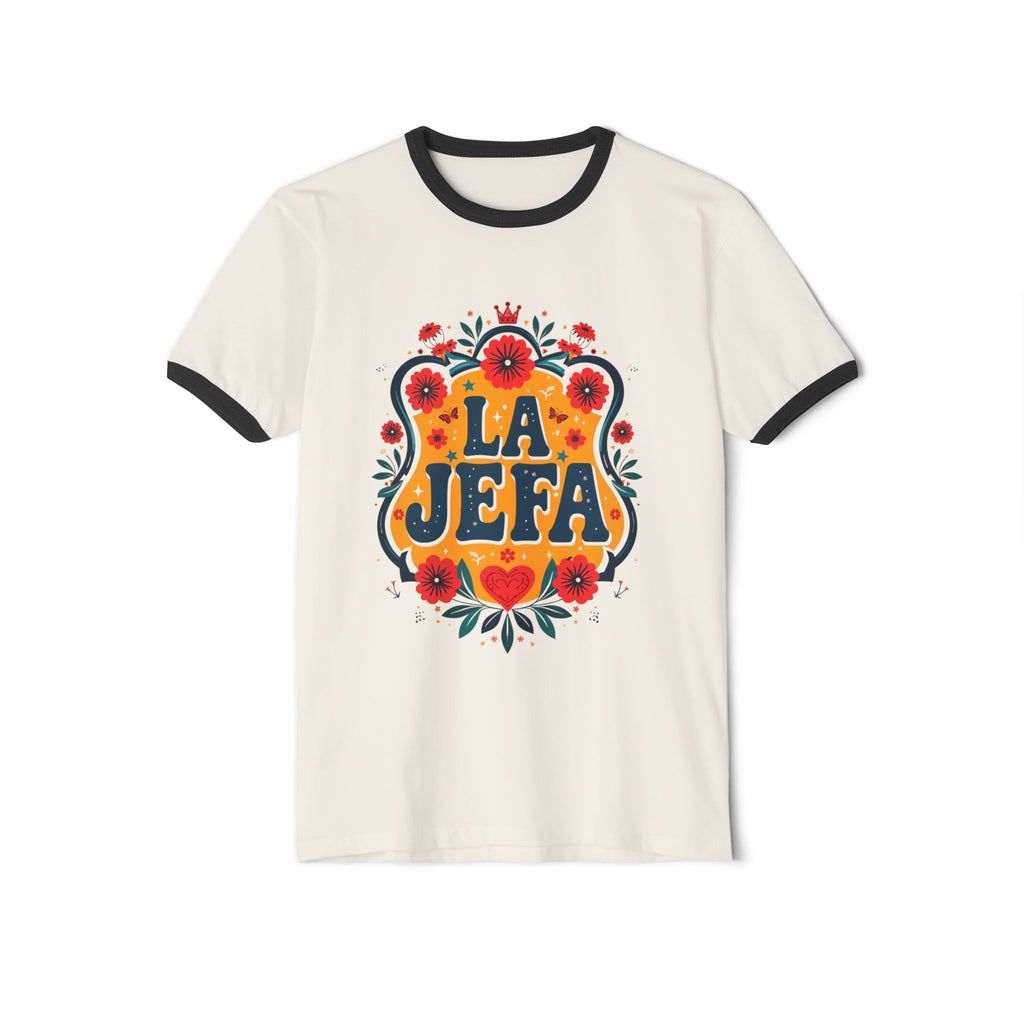 La Jefa Floral Ringer T-Shirt — Retro Hispanic Pride Tee