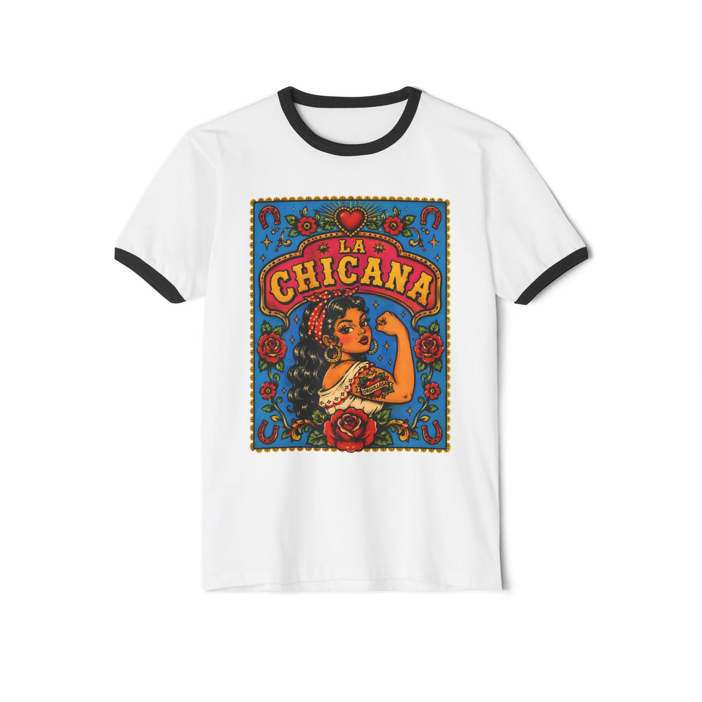 La Chicana Ringer Tee — Retro Mexican Pride Graphic T-Shirt