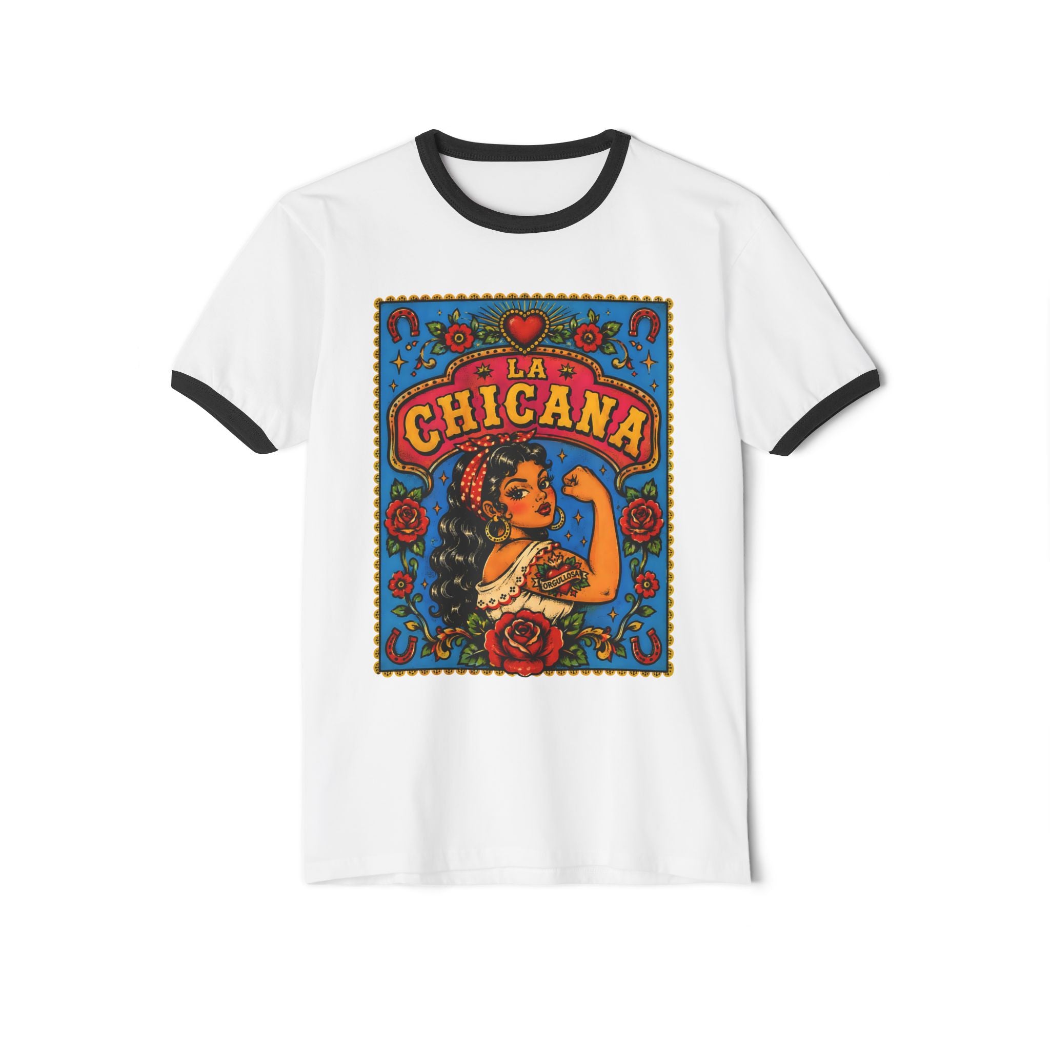 La Chicana Ringer Tee — Retro Mexican Pride Graphic T-Shirt
