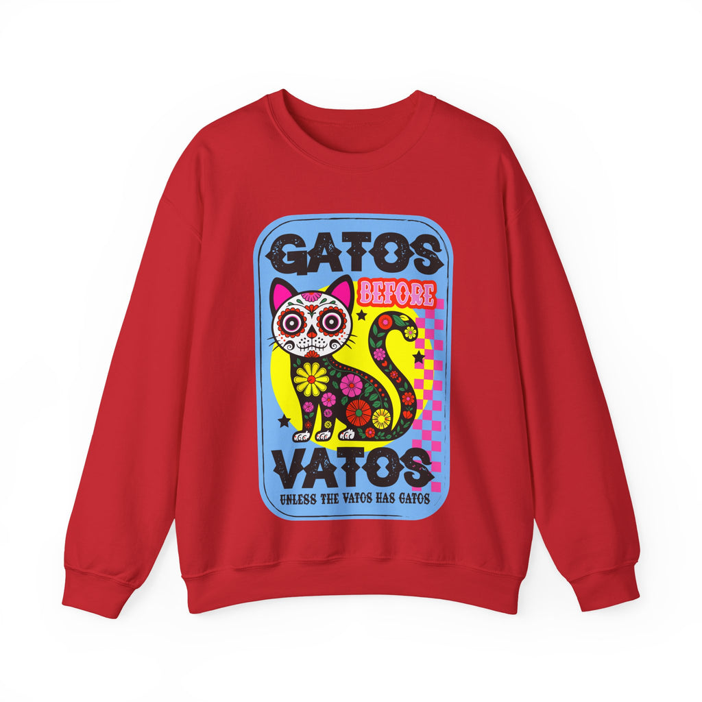 Gato Before Vato Crewneck Sweatshirt — Colorful Day of the Dead Cat Graphic