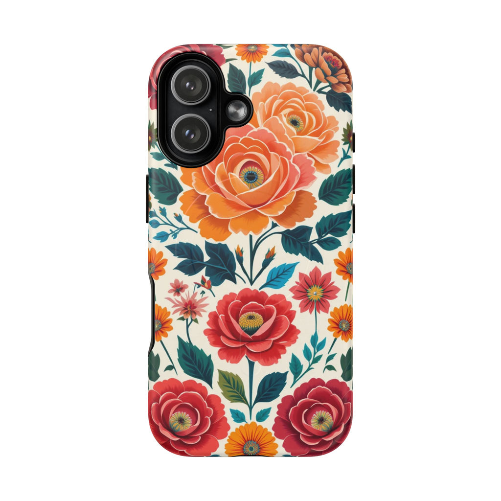 Floral Rose Tough Magnetic Phone Case — Vintage Orange & Red Garden Design