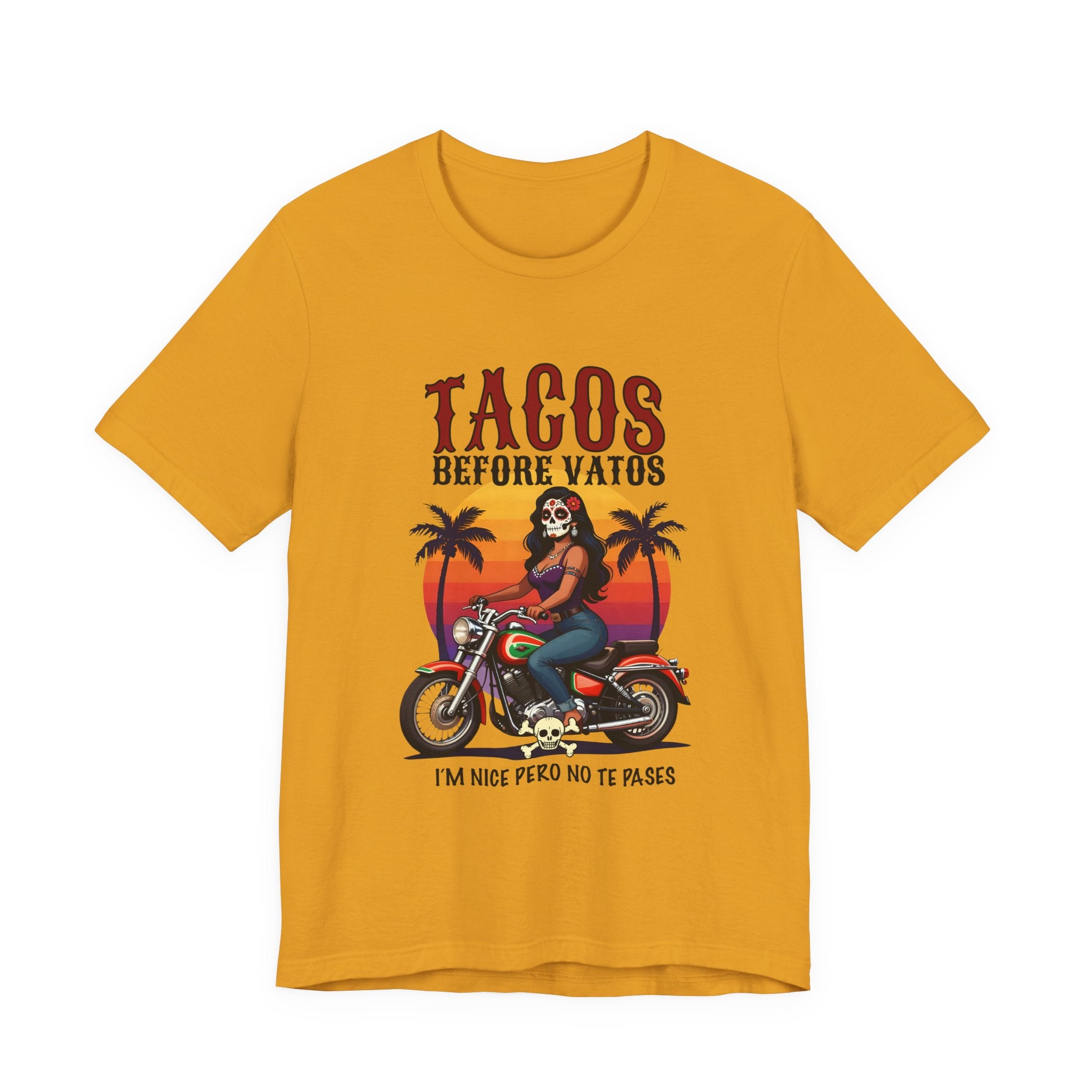 Taco Lover Tee — “Tacos Before Vatos” Motorcycle Sunset Graphic Shirt