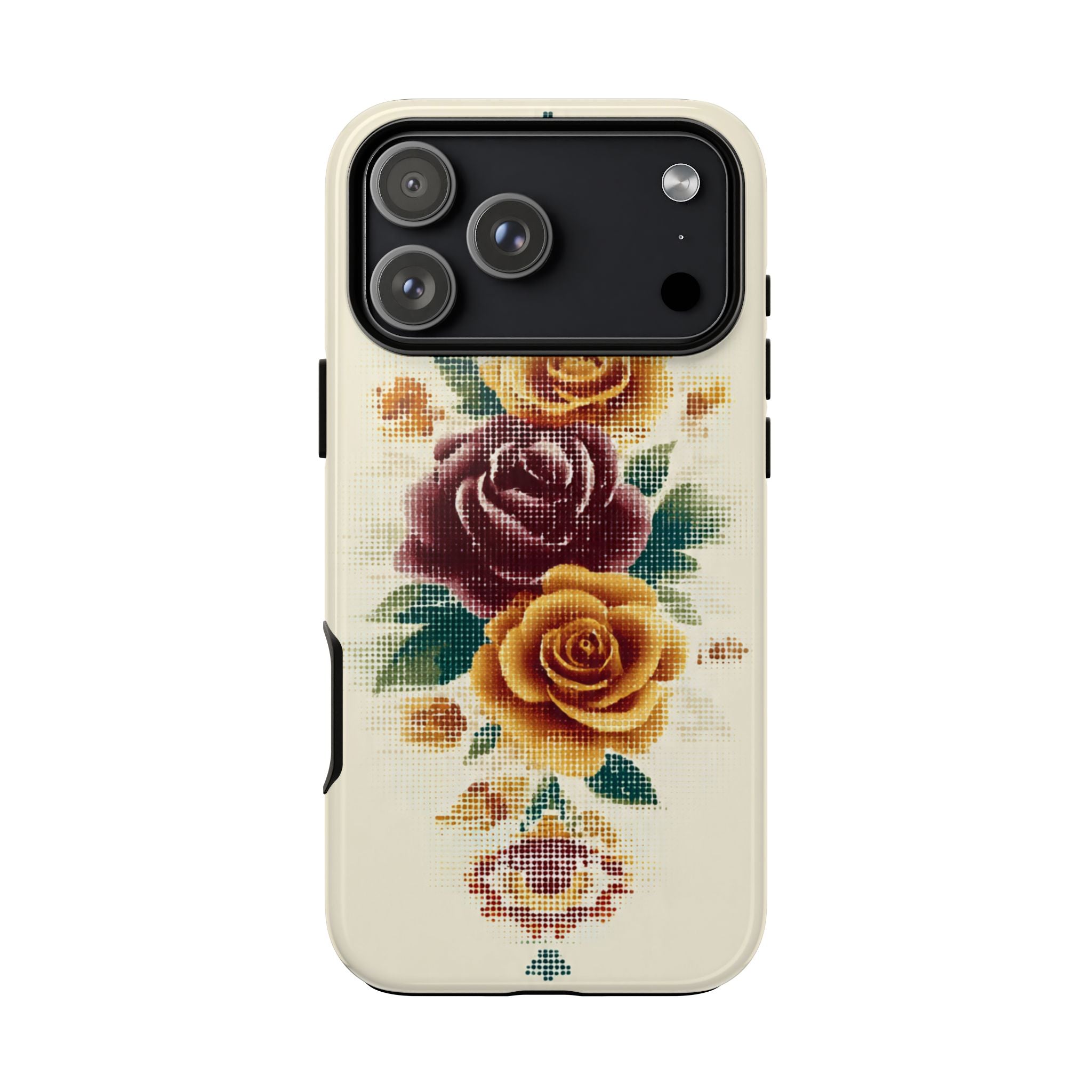 Floral Cross-Stitch Phone Case – Vintage Rose Protective Cover