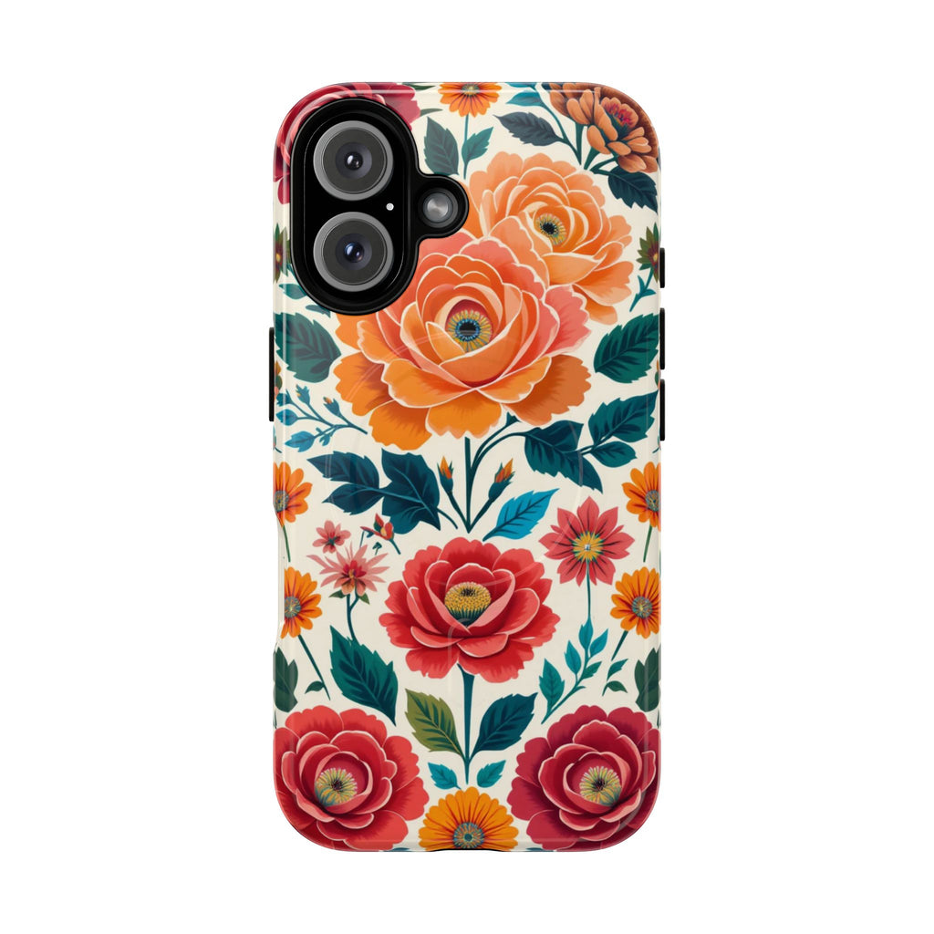 Floral Rose Tough Magnetic Phone Case — Vintage Orange & Red Garden Design