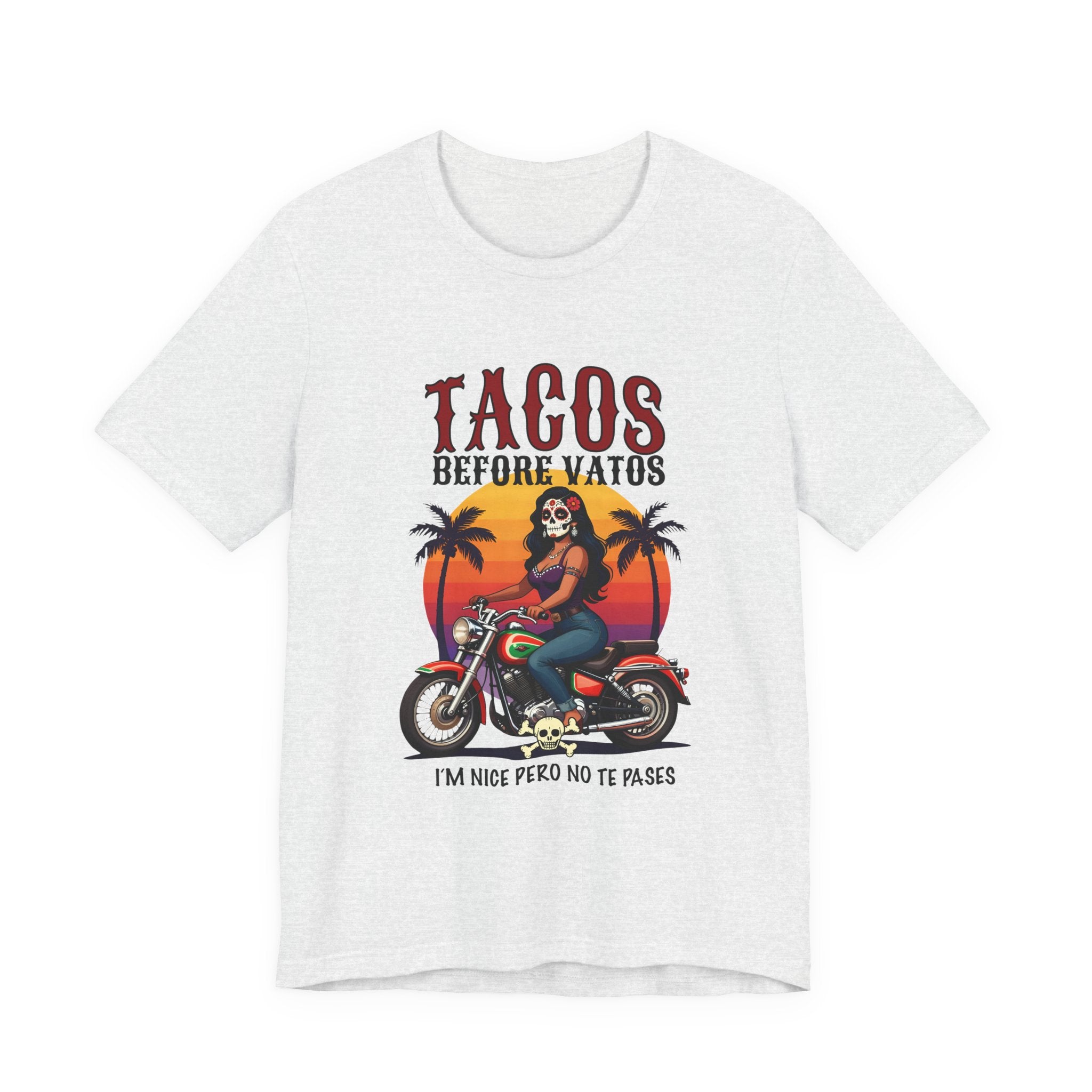 Taco Lover Tee — “Tacos Before Vatos” Motorcycle Sunset Graphic Shirt