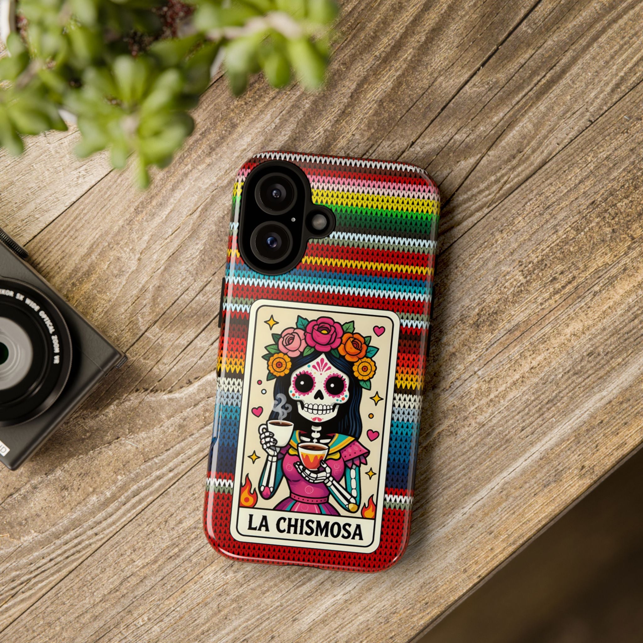 La Chismosa Sugar Skull Phone Case — Colorful Serape Pattern, Day of the Dead Style