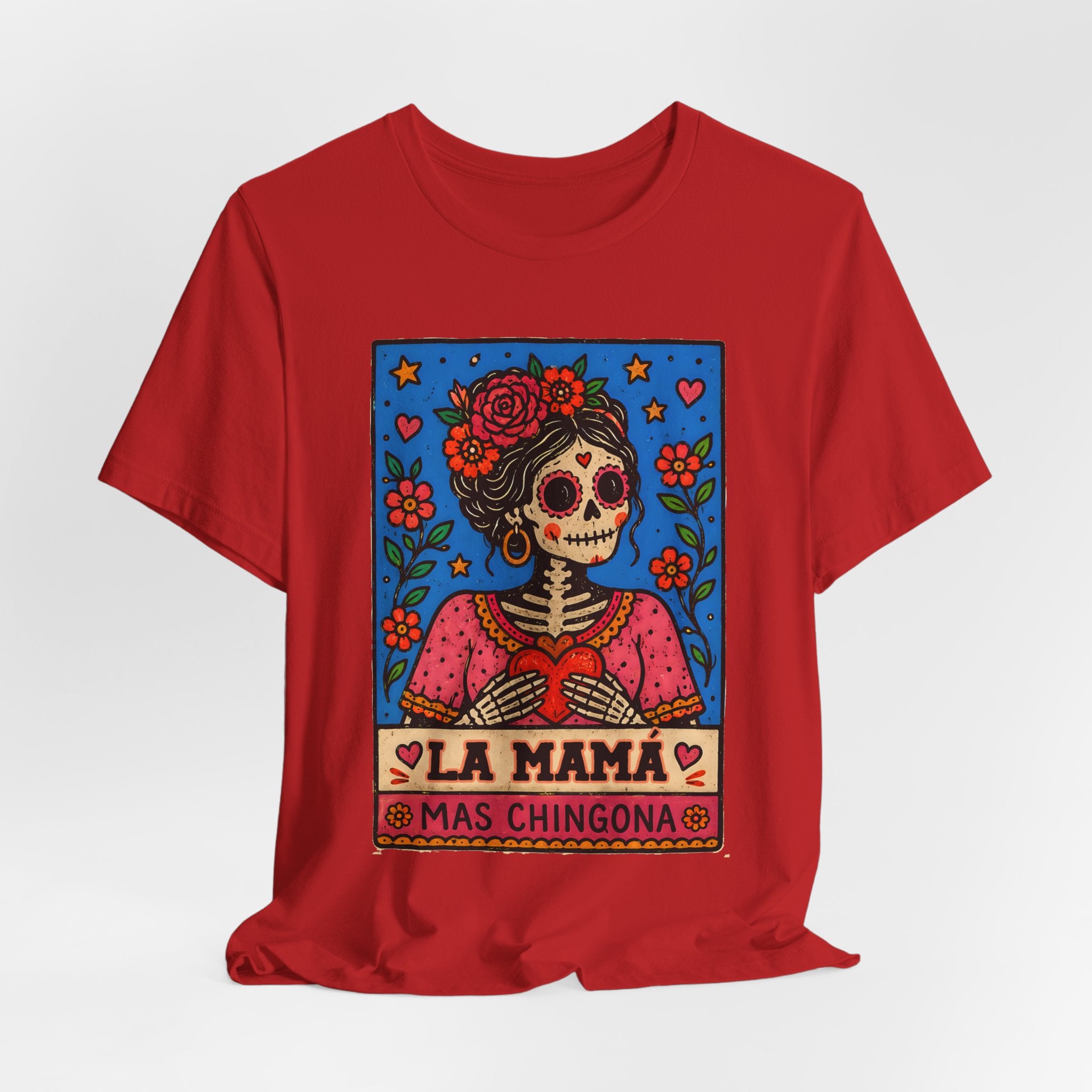 La Mama Mas Chingona tee detail - vibrant Day of Dead rose crown calavera folk art