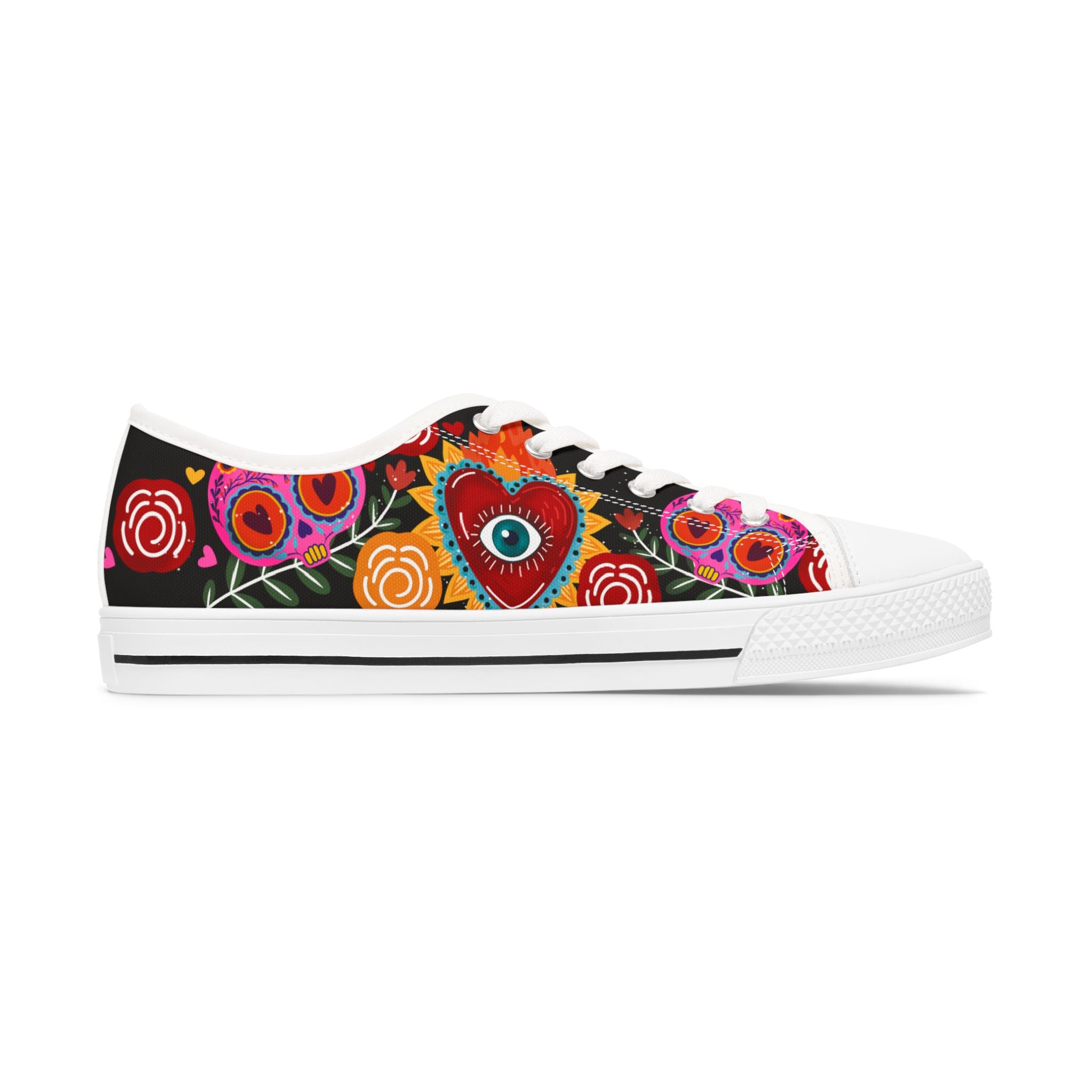 Women's Low Top Sneakers — Vibrant Heart & Eye Floral Pattern