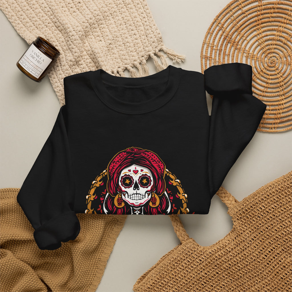 Que Ves Perra crewneck detail - whimsical floral dog illustration Spanish phrase pullover