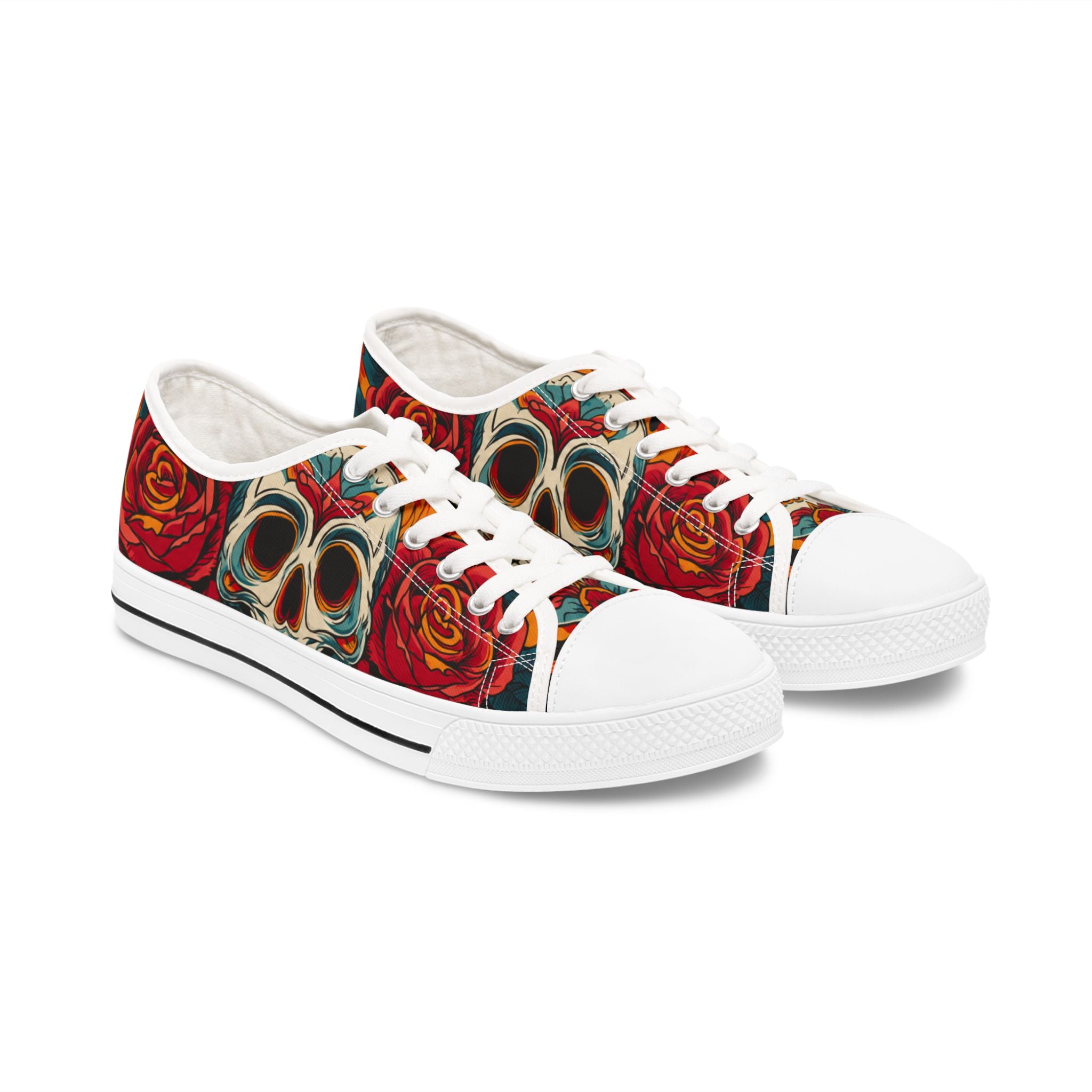Skull & Rose Low Top Sneakers — Women's Gothic Floral Canvas Shoes