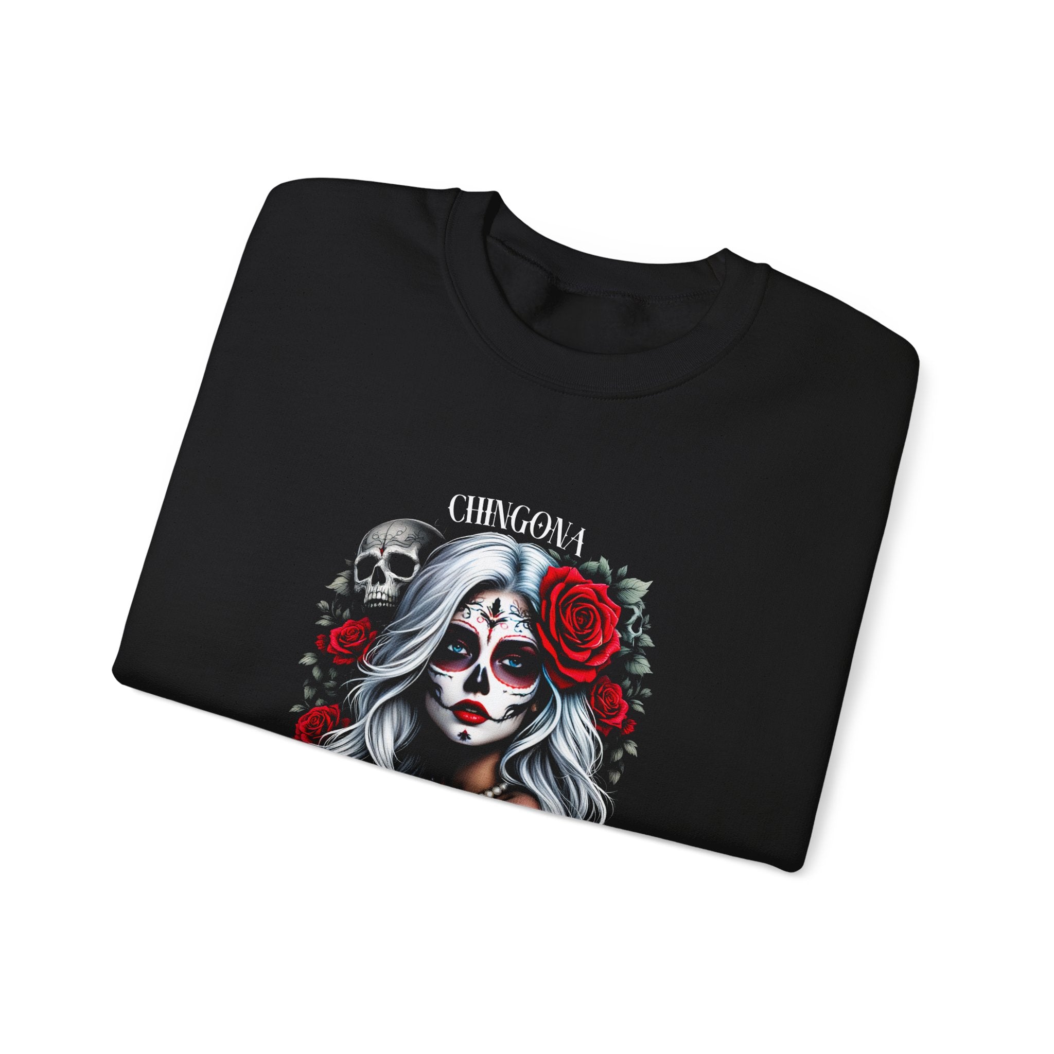 Day of the Dead Crewneck Sweatshirt — Chingona Sugar Skull Girl with Roses