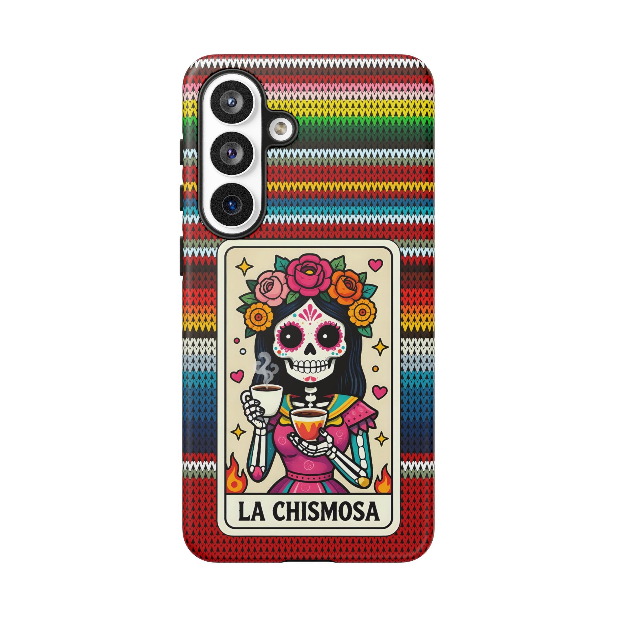 La Chismosa Sugar Skull Phone Case — Colorful Serape Pattern, Day of the Dead Style