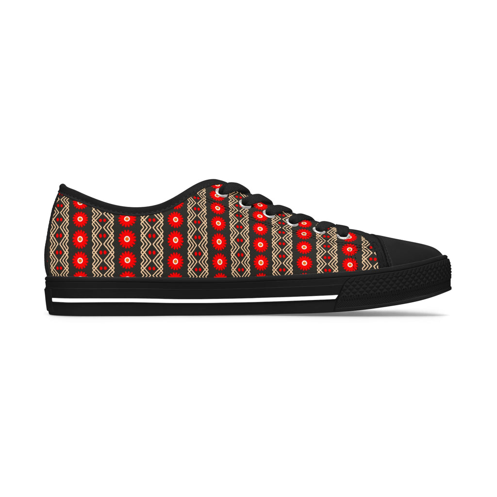 Low Top Sneakers — Red Geometric Pattern Casual Women's Canvas Shoes