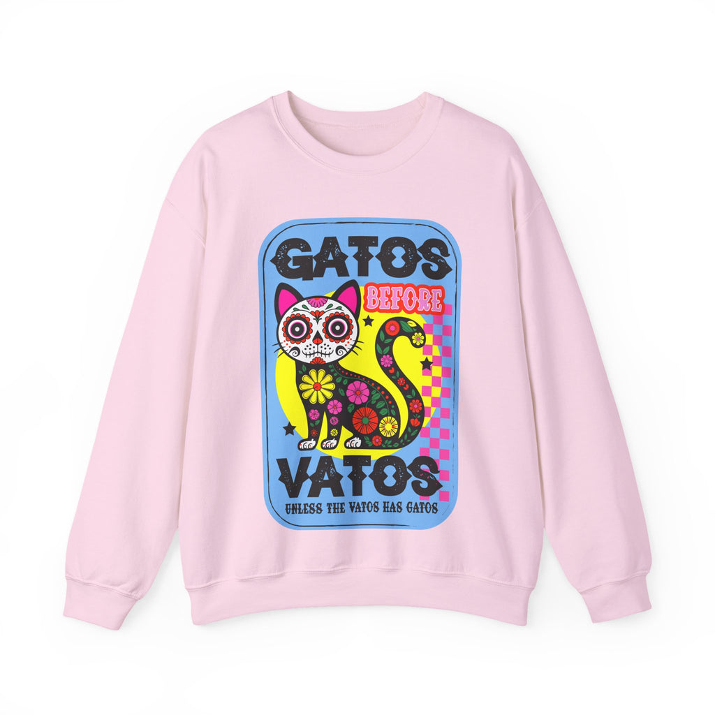 Gato Before Vato Crewneck Sweatshirt — Colorful Day of the Dead Cat Graphic