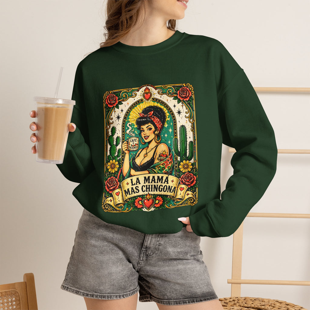 La Mama Mas Chingon Crewneck Sweatshirt — Vintage Mexican Folk Art Graphic
