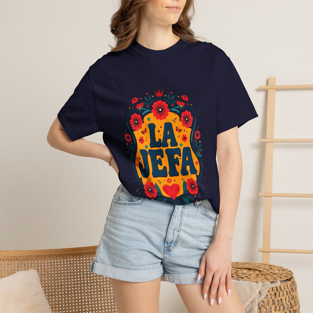 La Jefa floral garment-dyed tee lifestyle 1 - bold folk art boss Latina gift