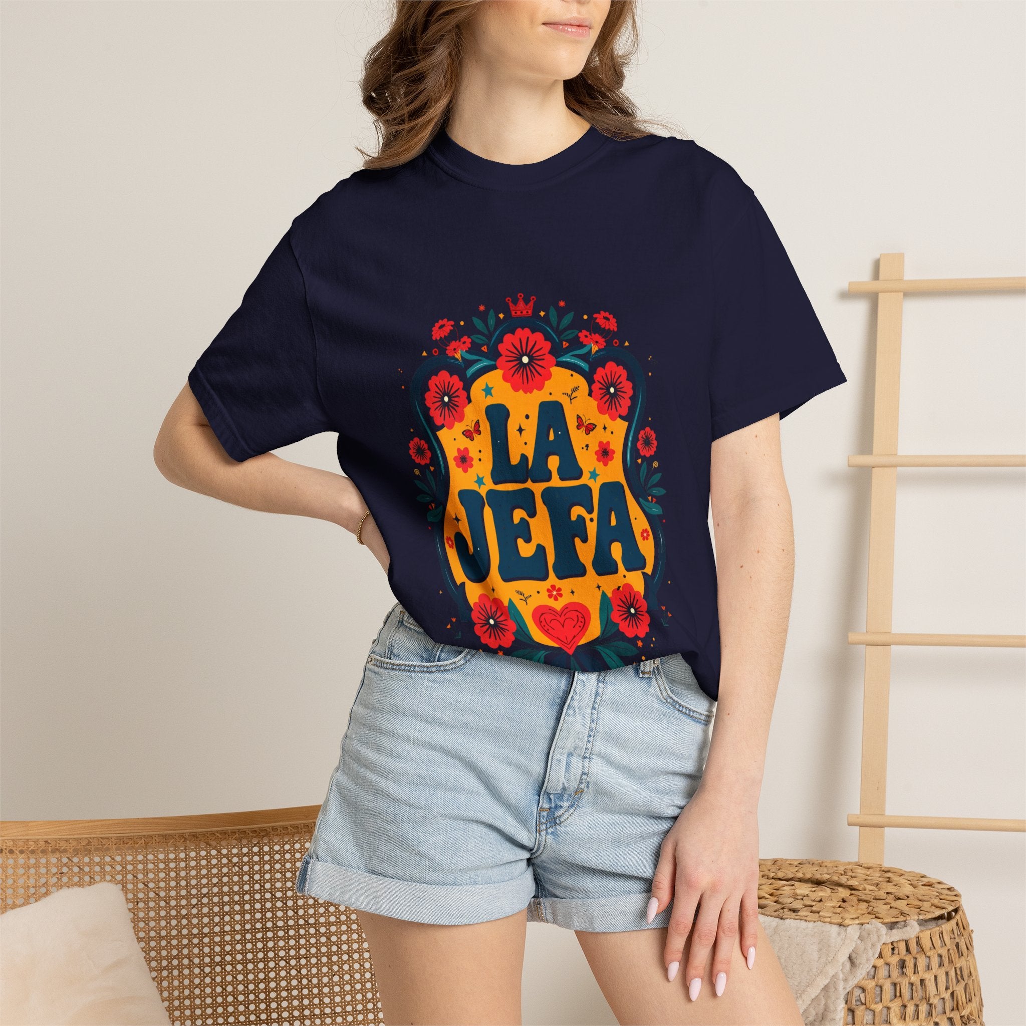 La Jefa floral garment-dyed tee lifestyle 1 - bold folk art boss Latina gift