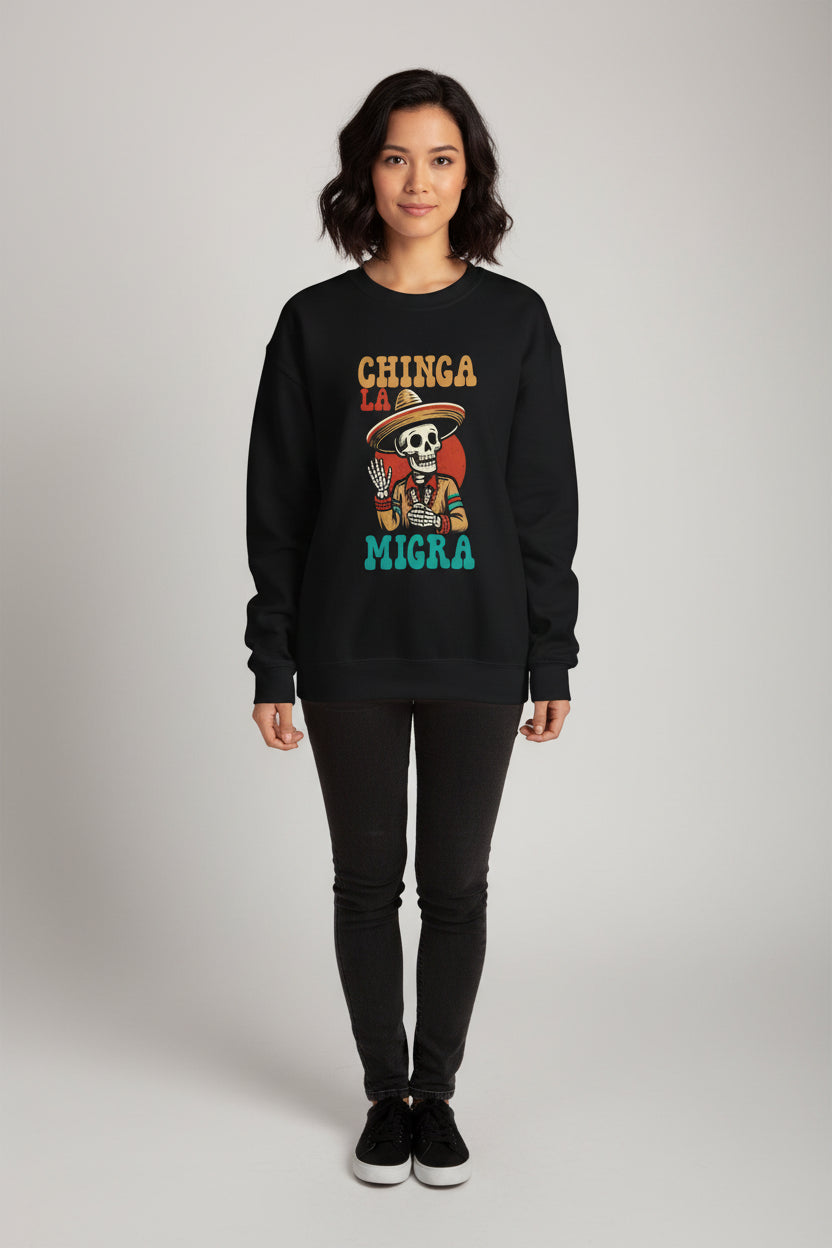 Chinga La Migra protest crewneck black - vintage chicana skeleton sombrero graphic sweatshirt
