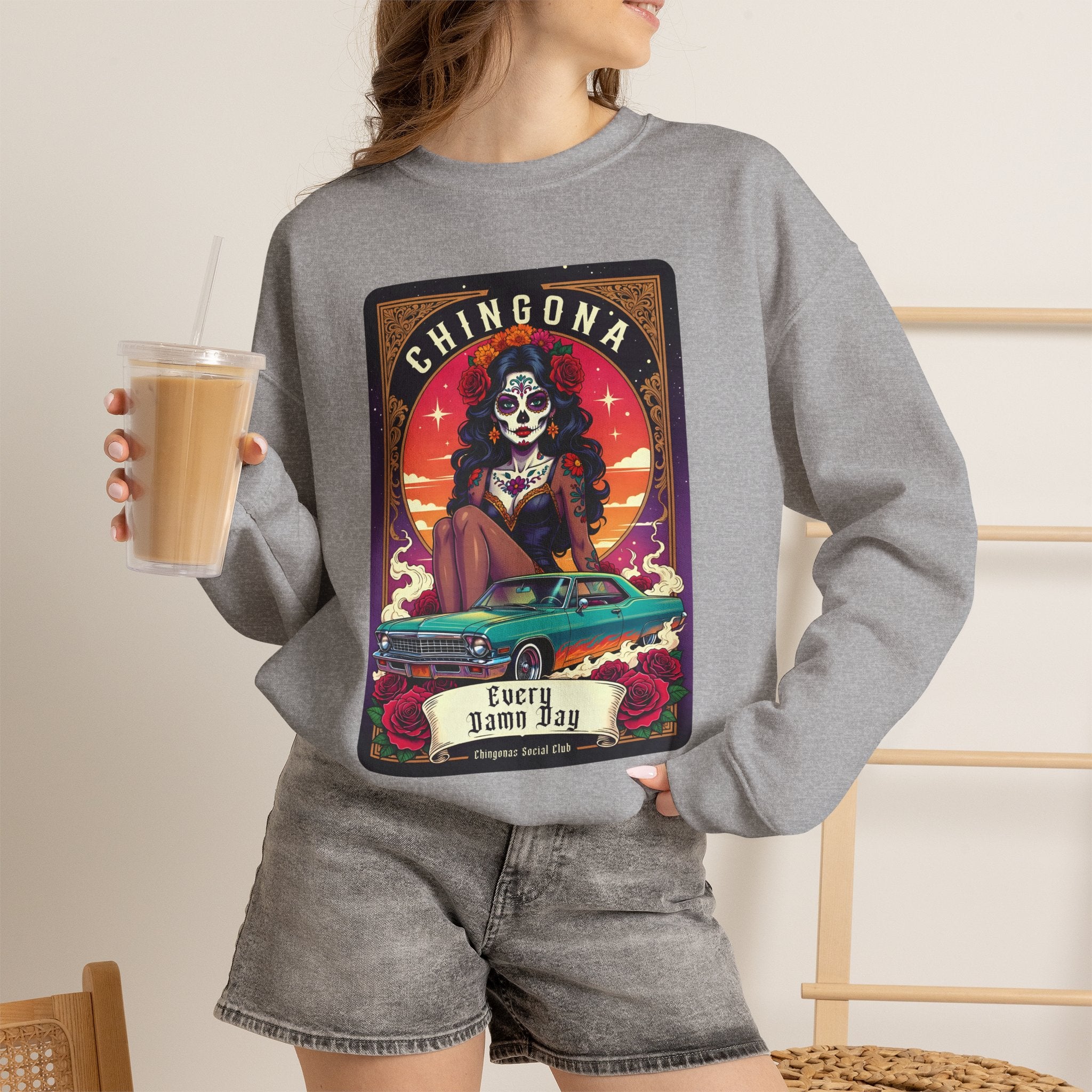 Chingona sugar skull car art crewneck detail - Day of Dead lowrider sunset Latina sweatshirt