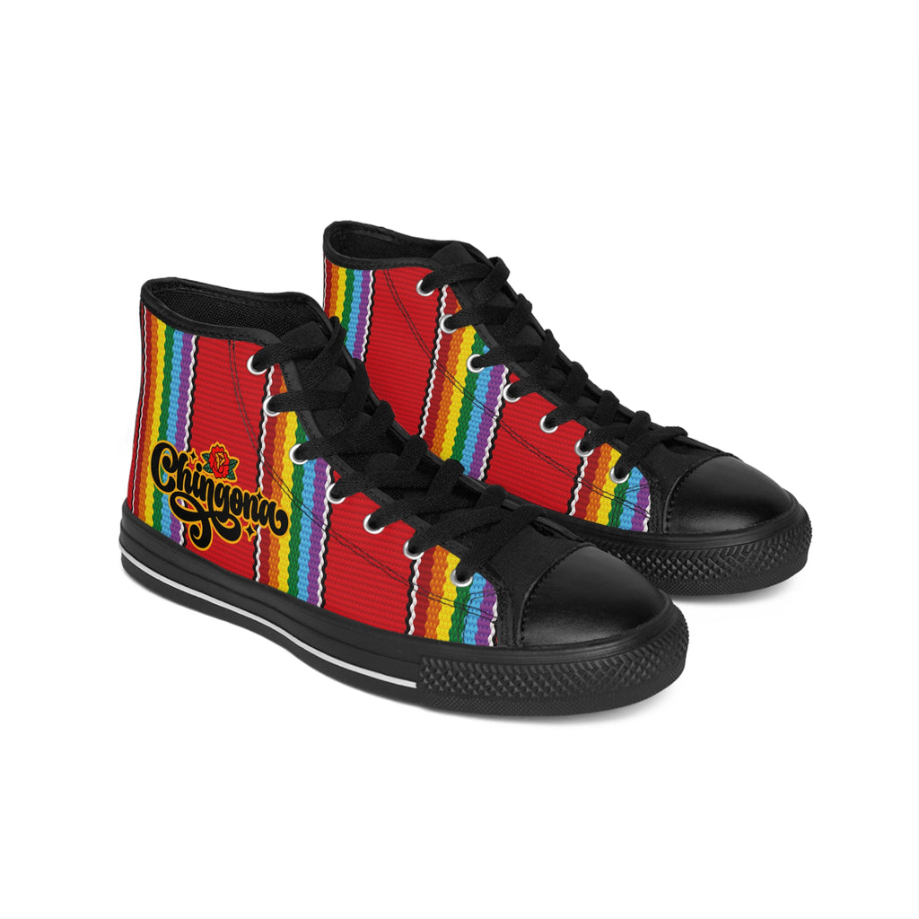 High-Top Sneakers — Red Serape Stripe "Chingonera" Design