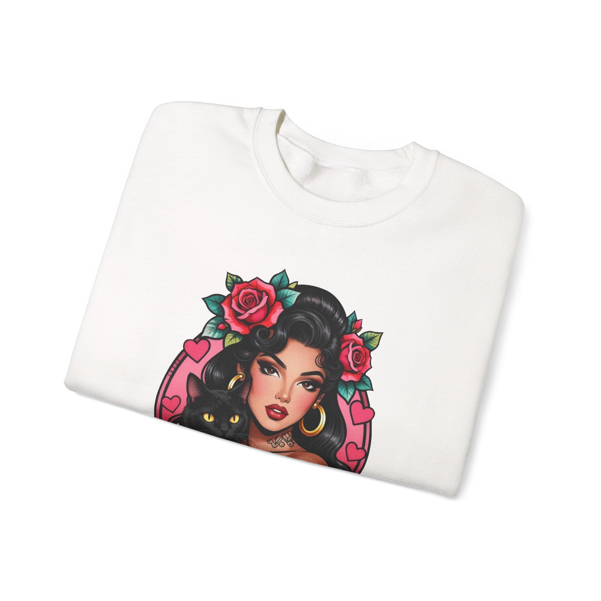 Crewneck Sweatshirt — "Gatos Before Vatos" Chicana Pinup Graphic