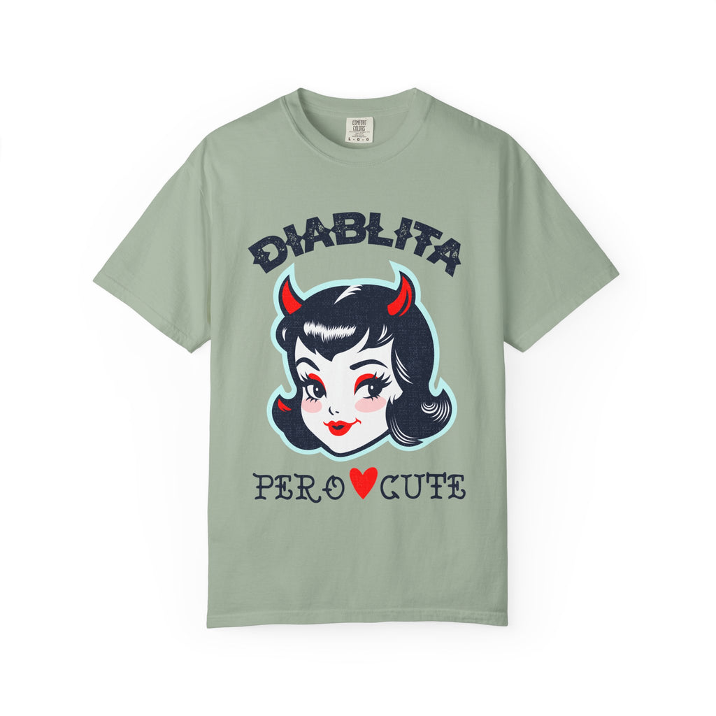 Diablita Pero Cute Comfort Colors graphic t-shirt featuring a retro devil girl design inspired by Chicana fashion and vintage pin-up style.