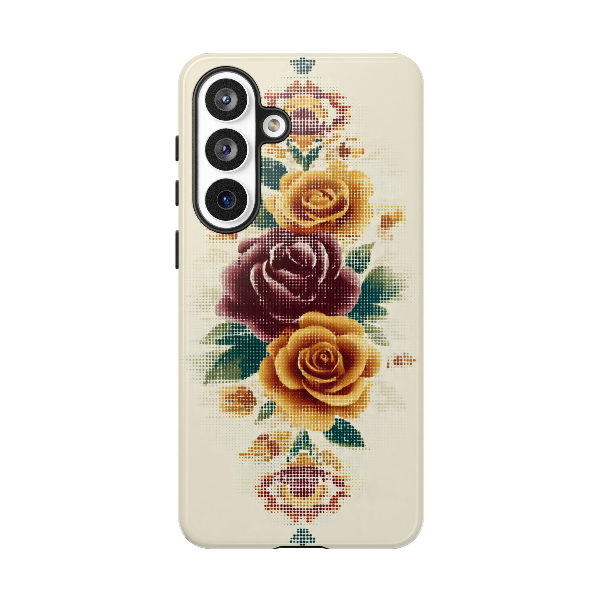 Floral Cross-Stitch Phone Case – Vintage Rose Protective Cover