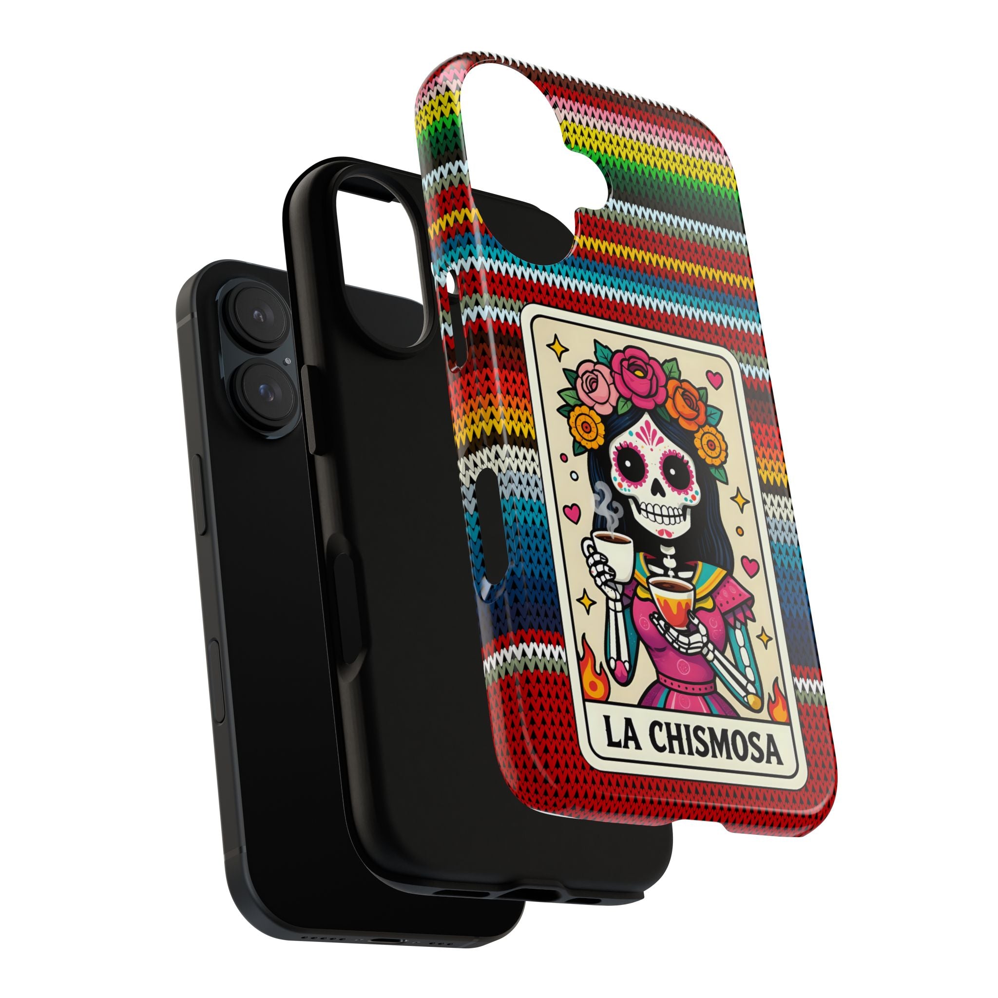 La Chismosa Sugar Skull Phone Case — Colorful Serape Pattern, Day of the Dead Style