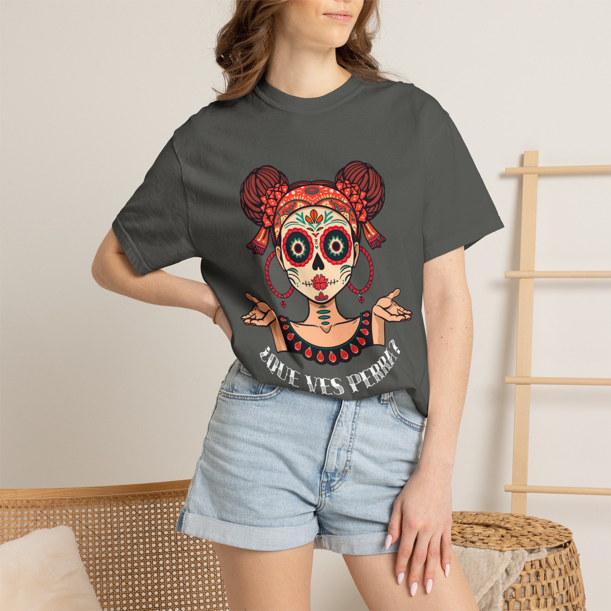 Day of the Dead Sugar Skull Tee — "Que Ves Perra? Hold My Hoops" Graphic T-Shirt