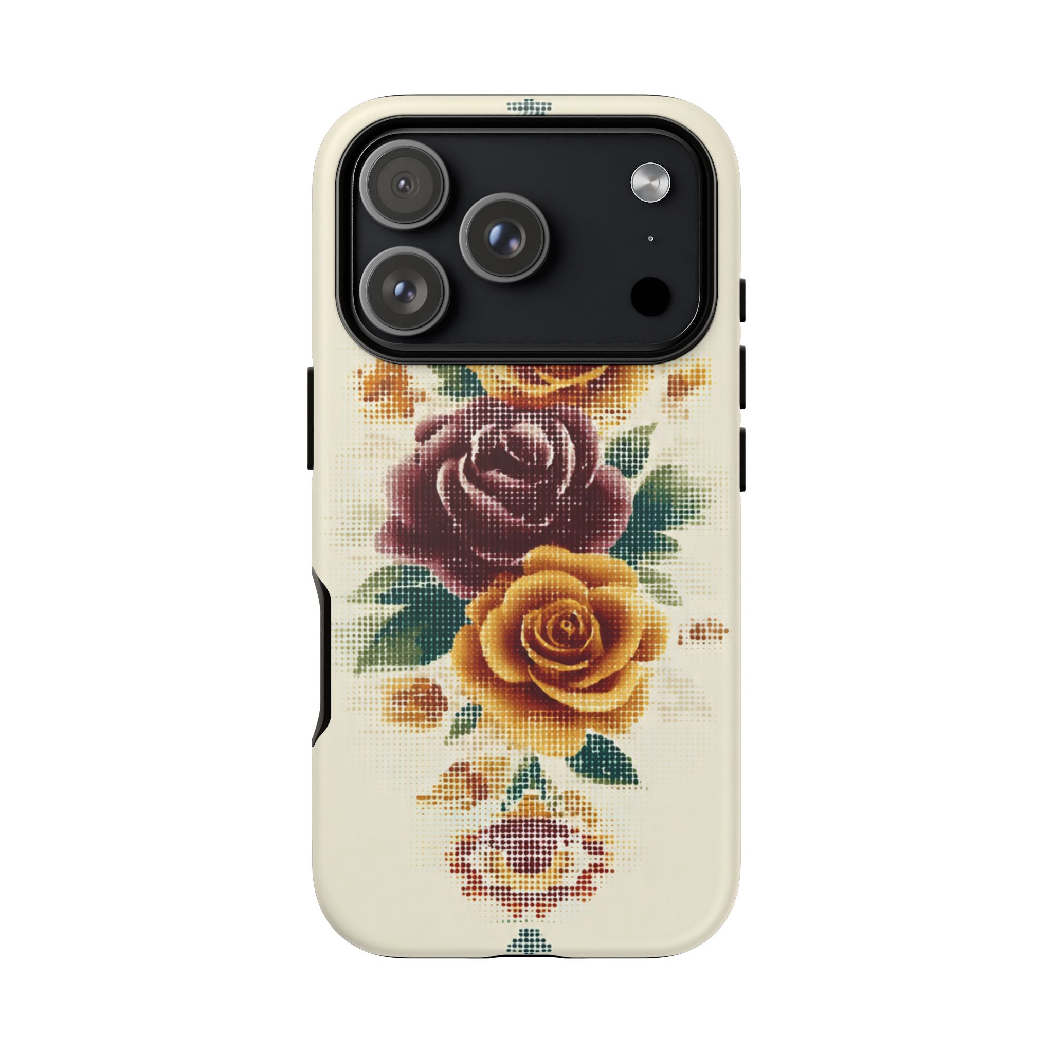 Floral Cross-Stitch Phone Case – Vintage Rose Protective Cover