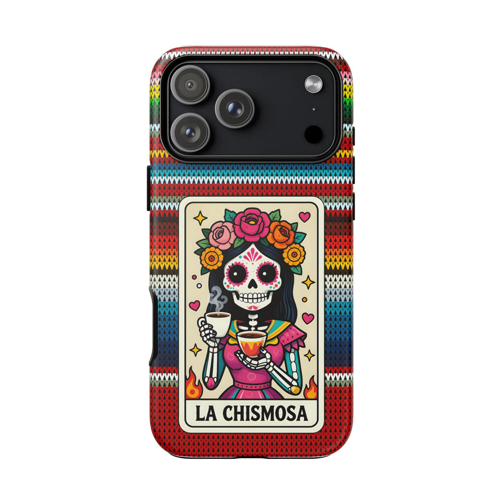 La Chismosa Sugar Skull Phone Case — Colorful Serape Pattern, Day of the Dead Style