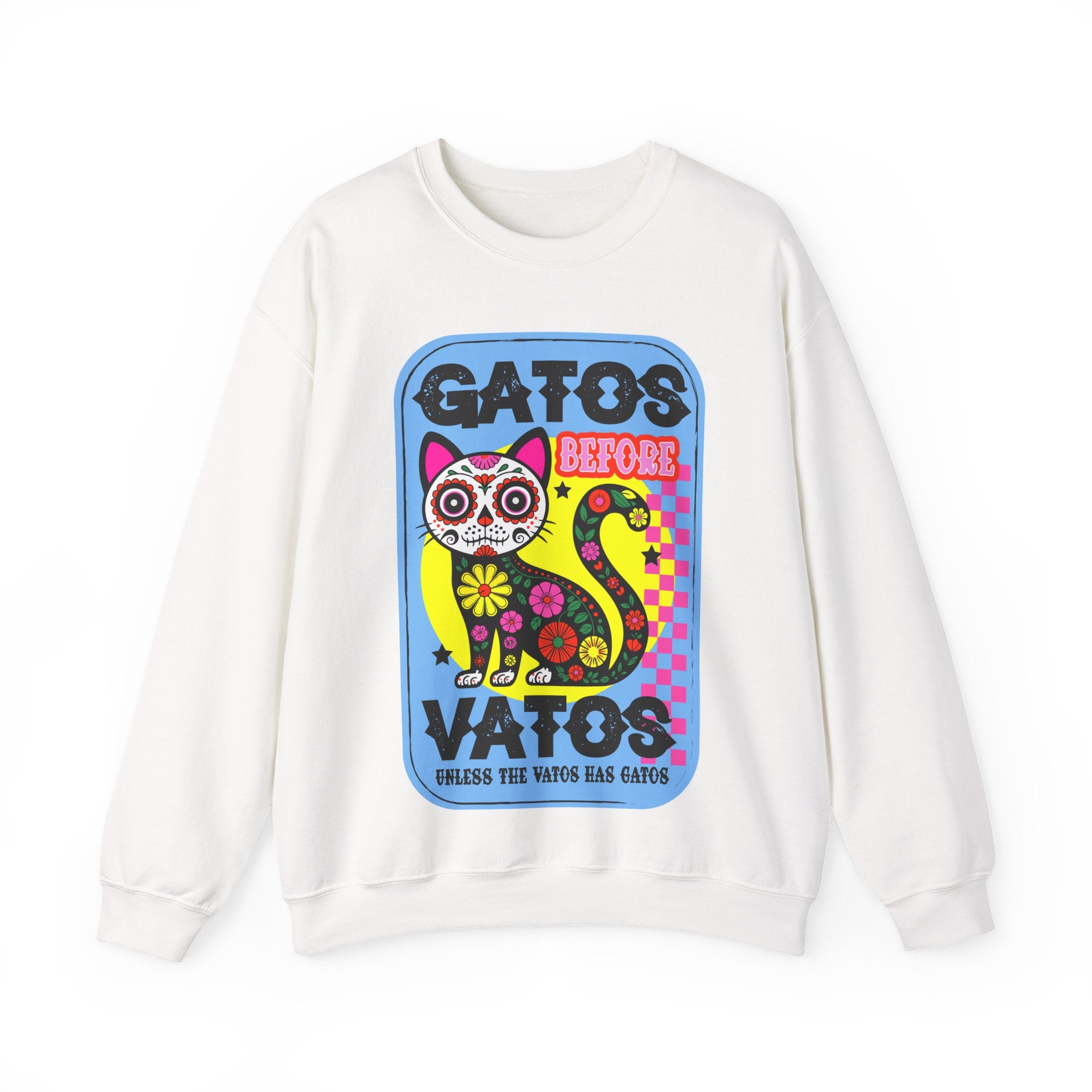 Gato Before Vato Crewneck Sweatshirt — Colorful Day of the Dead Cat Graphic