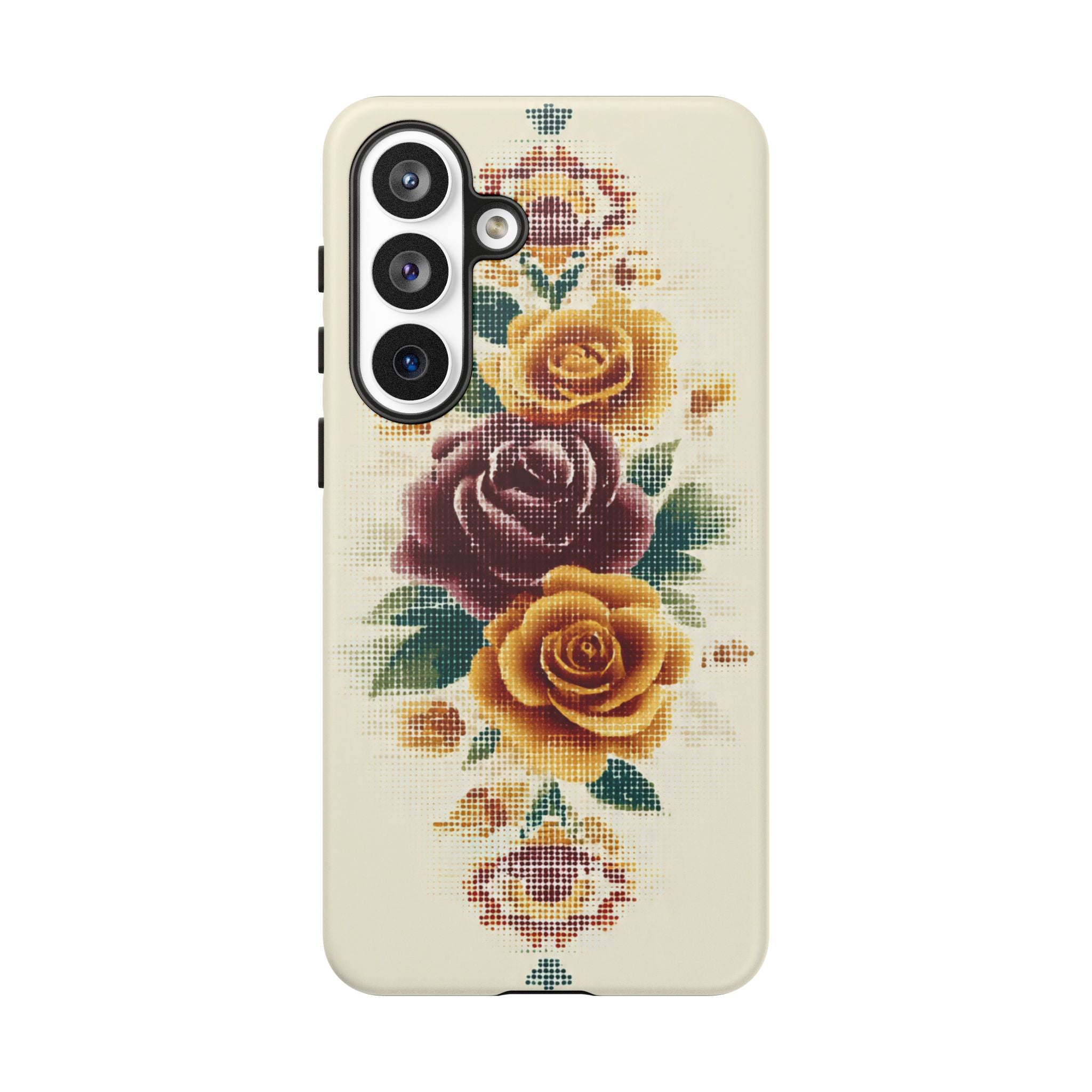 Floral Cross-Stitch Phone Case – Vintage Rose Protective Cover