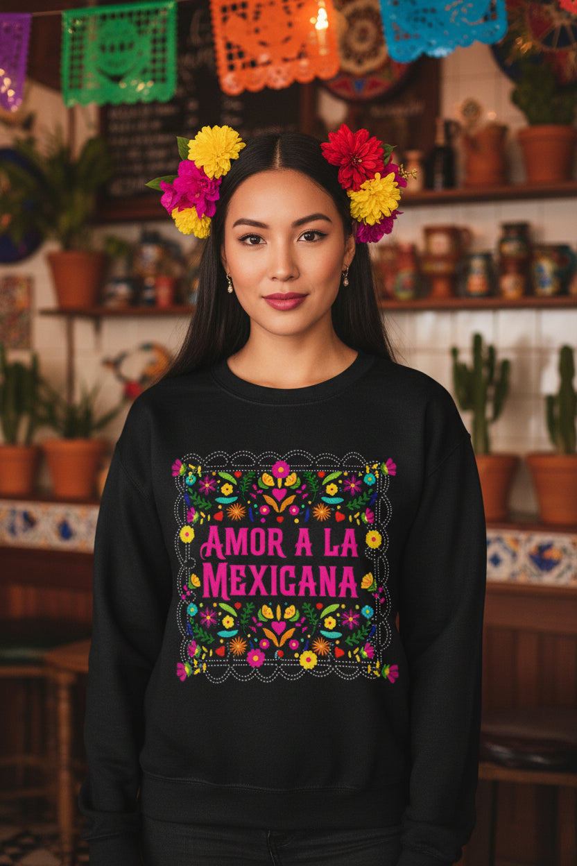 Crewneck Sweatshirt — "Amor a la Mexicana" Floral Mexican Pride Pullover