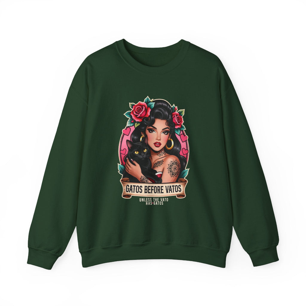 Crewneck Sweatshirt - "Gatos Before Vatos" Chicana Pin-Up Cat Lover Design