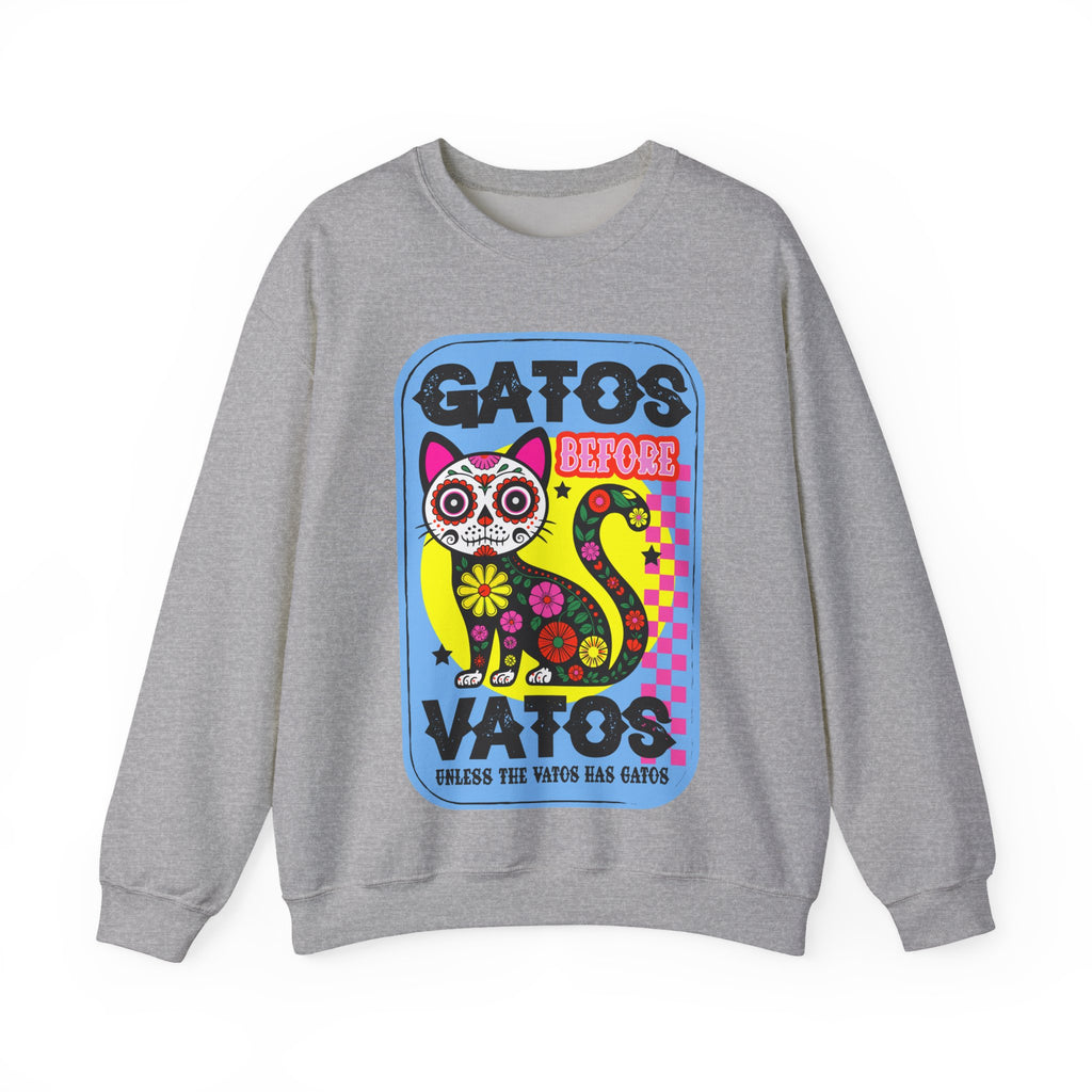 Gato Before Vato Crewneck Sweatshirt — Colorful Day of the Dead Cat Graphic