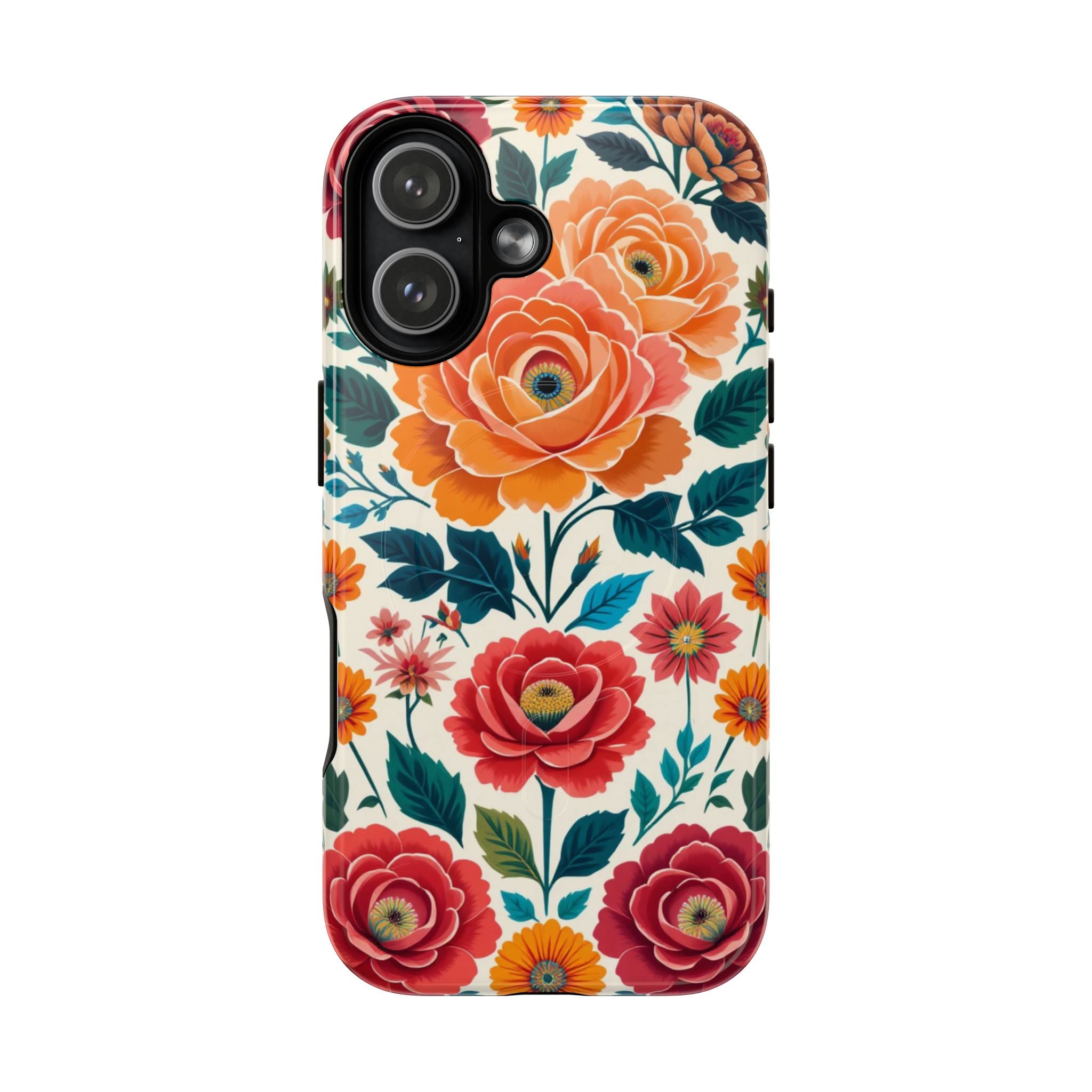 Floral Rose Tough Magnetic Phone Case — Vintage Orange & Red Garden Design