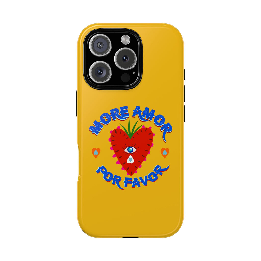 Phone Case — "More Amor Por Favor" Heart Design, Bright Yellow Protective Cover