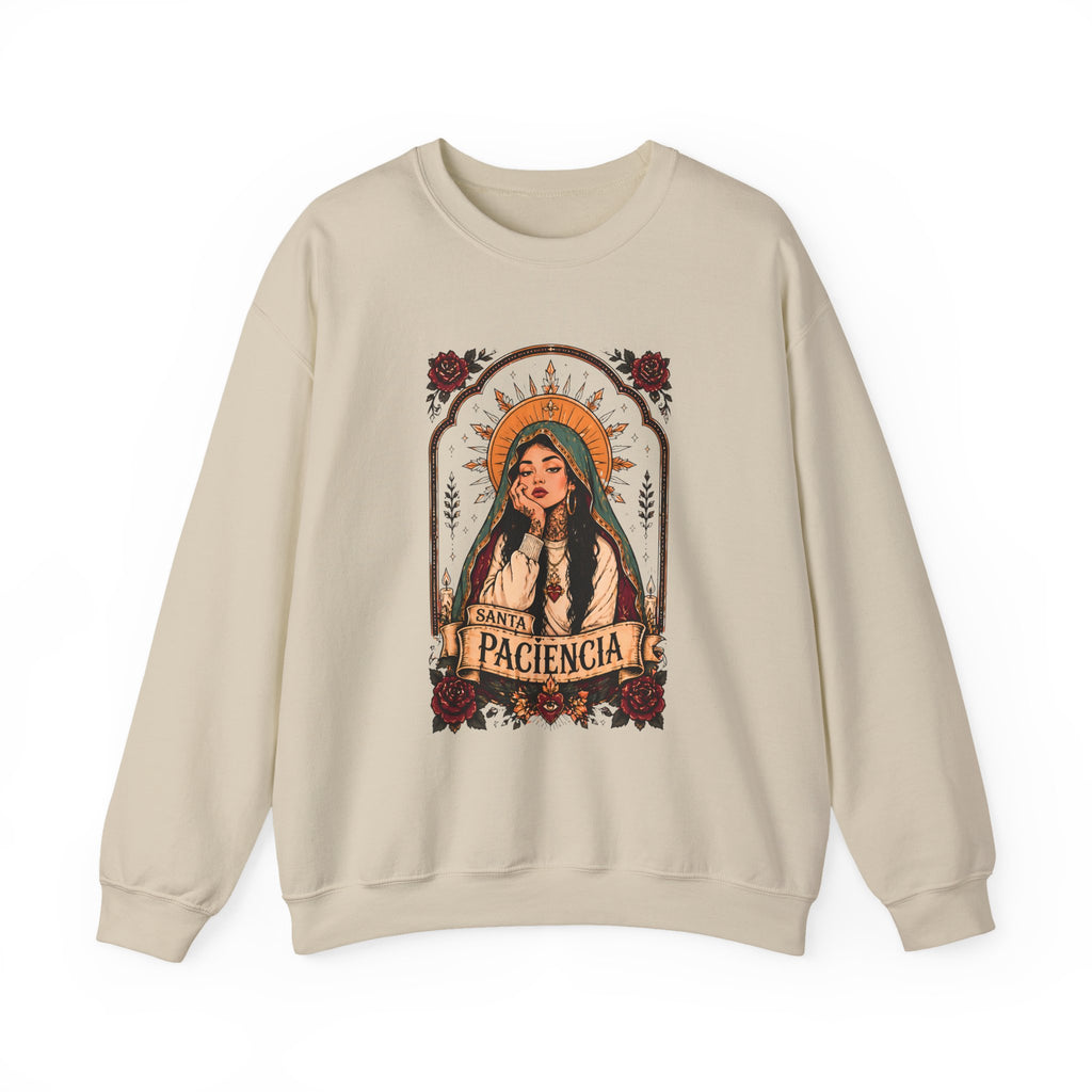 Paciencia Graphic Sweatshirt — Retro Saint-Inspired Woman with Roses