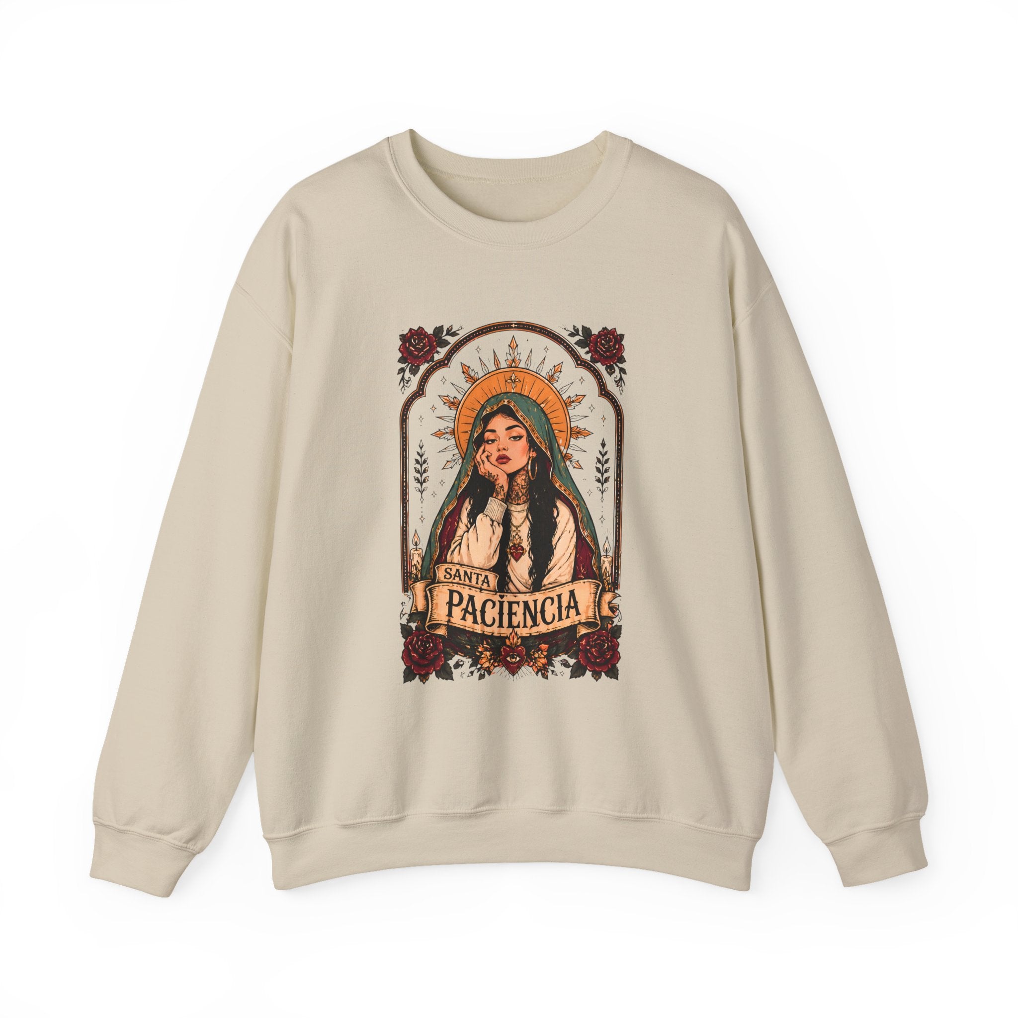 Paciencia Graphic Sweatshirt — Retro Saint-Inspired Woman with Roses