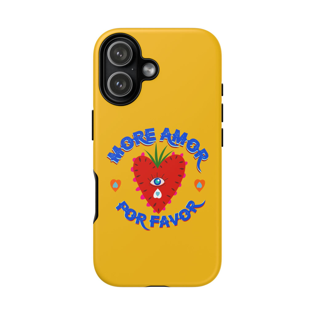 Phone Case — "More Amor Por Favor" Heart Design, Bright Yellow Protective Cover