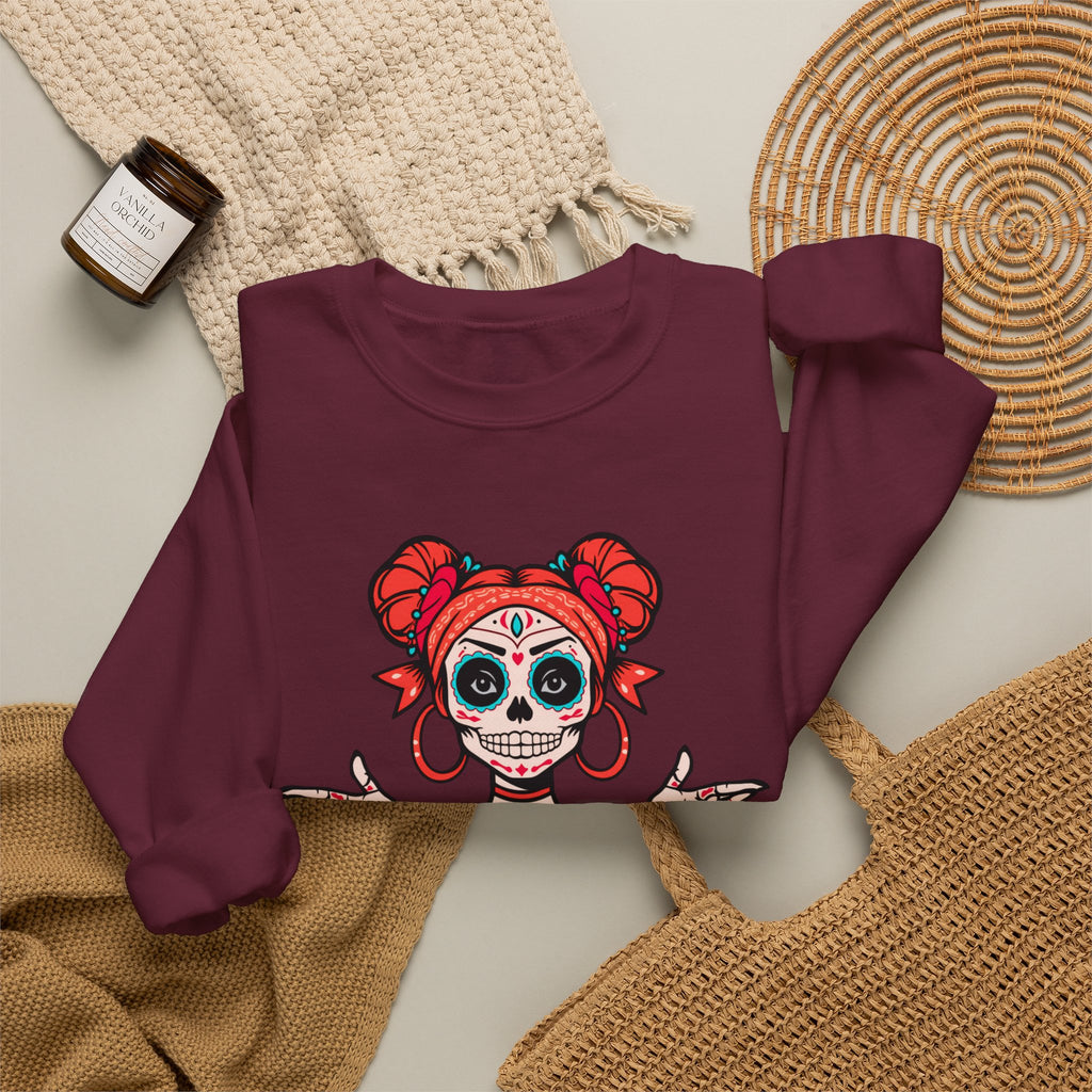 Que Vas Perra Hold My Hoops crewneck lifestyle 2 - fierce chicana skull girl gothic pullover