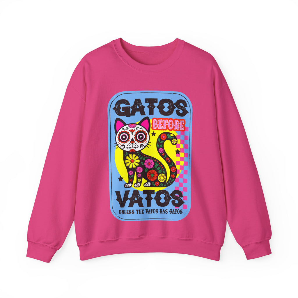 Gato Before Vato Crewneck Sweatshirt — Colorful Day of the Dead Cat Graphic